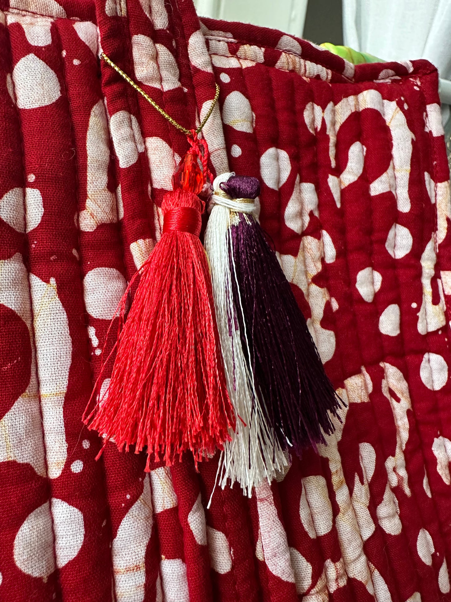 Red Dunes Batik Print Quilted Handmade Zipper Shoulder Bag with Tassels