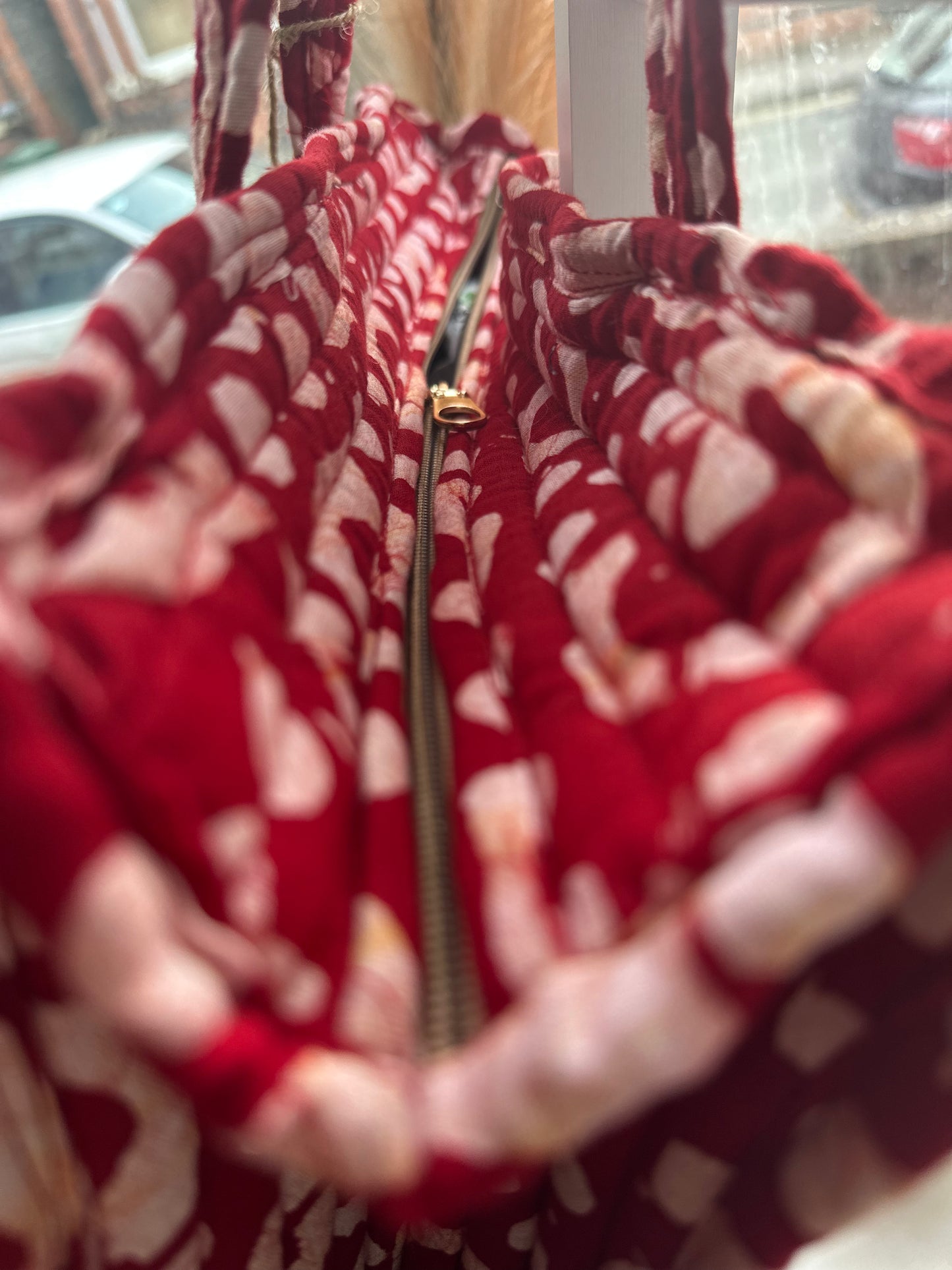 Red Dunes Batik Print Quilted Handmade Zipper Shoulder Bag with Tassels