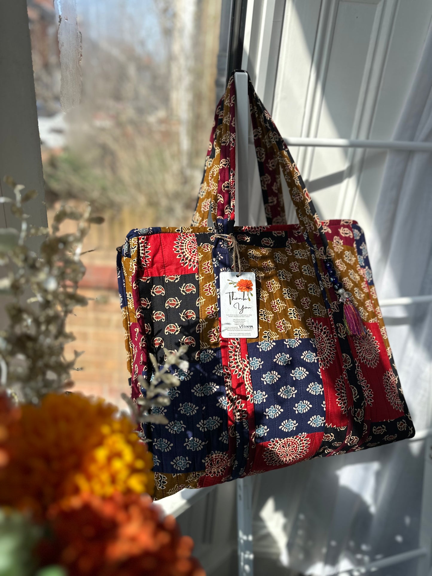 Indie Spirit Patchwork Handmade Zipper Shoulder Bag with Evil Eye Tassels