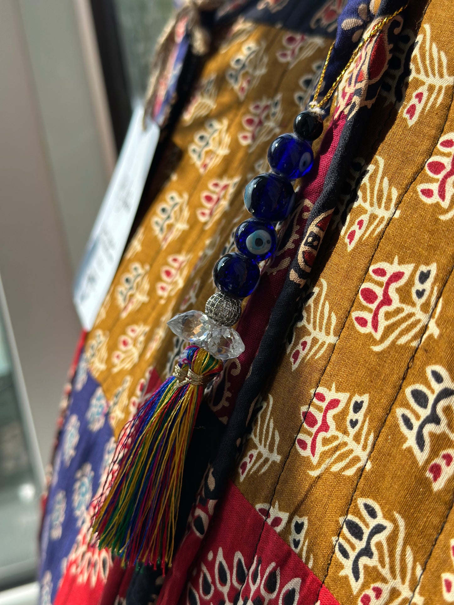 Indie Spirit Patchwork Handmade Zipper Shoulder Bag with Evil Eye Tassels