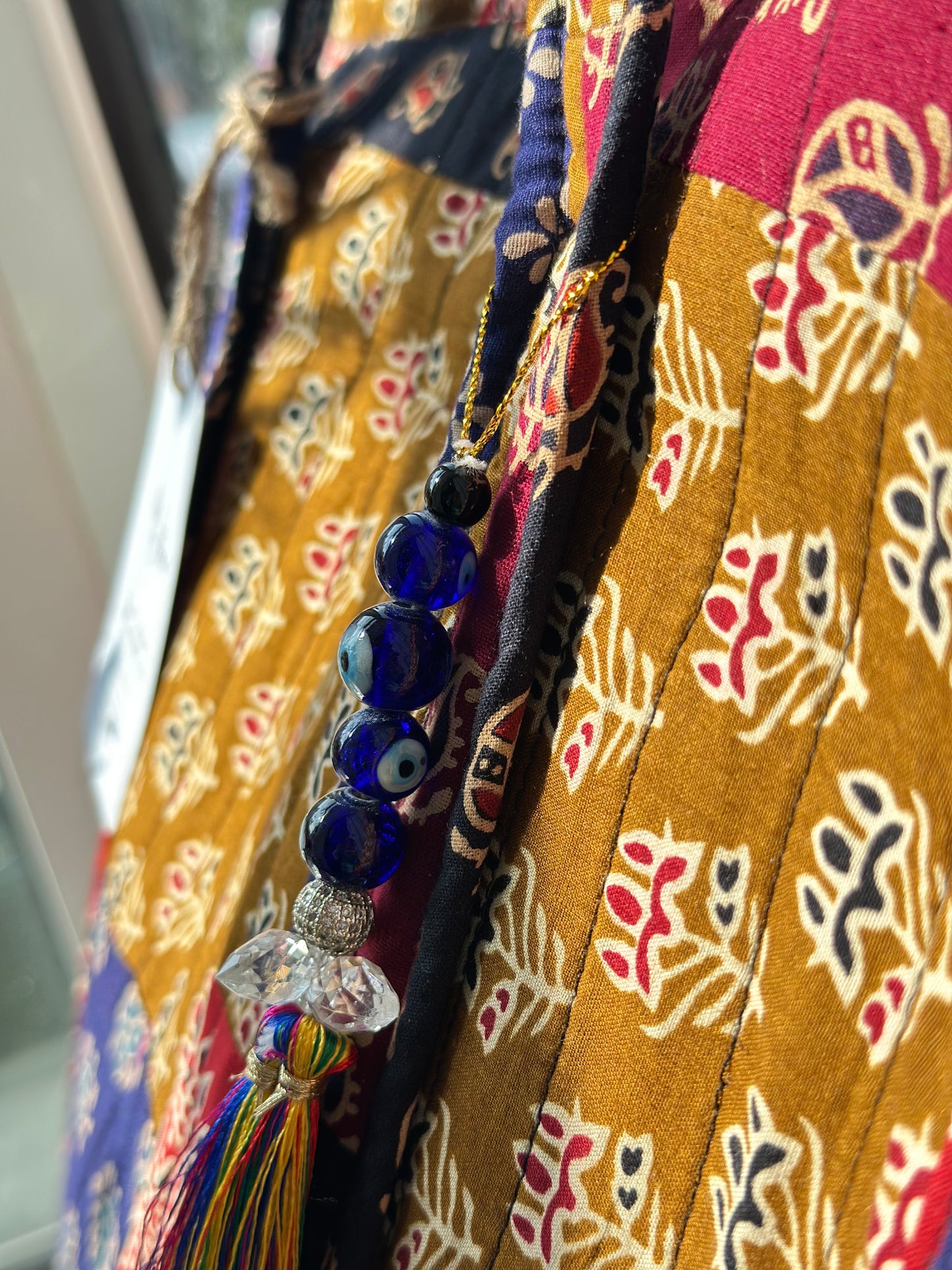 Indie Spirit Patchwork Handmade Zipper Shoulder Bag with Evil Eye Tassels