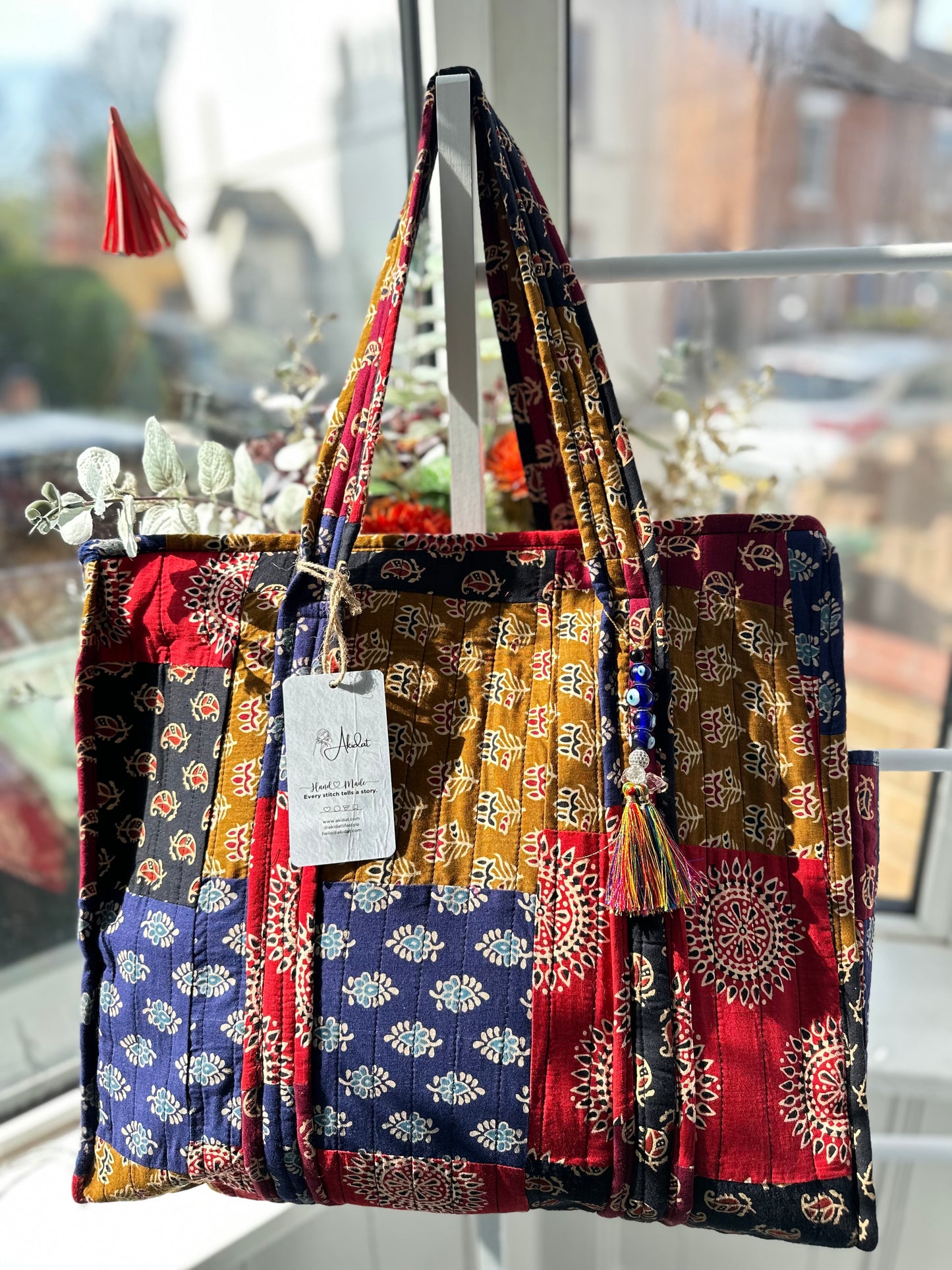 Indie Spirit Patchwork Handmade Zipper Shoulder Bag with Evil Eye Tassels