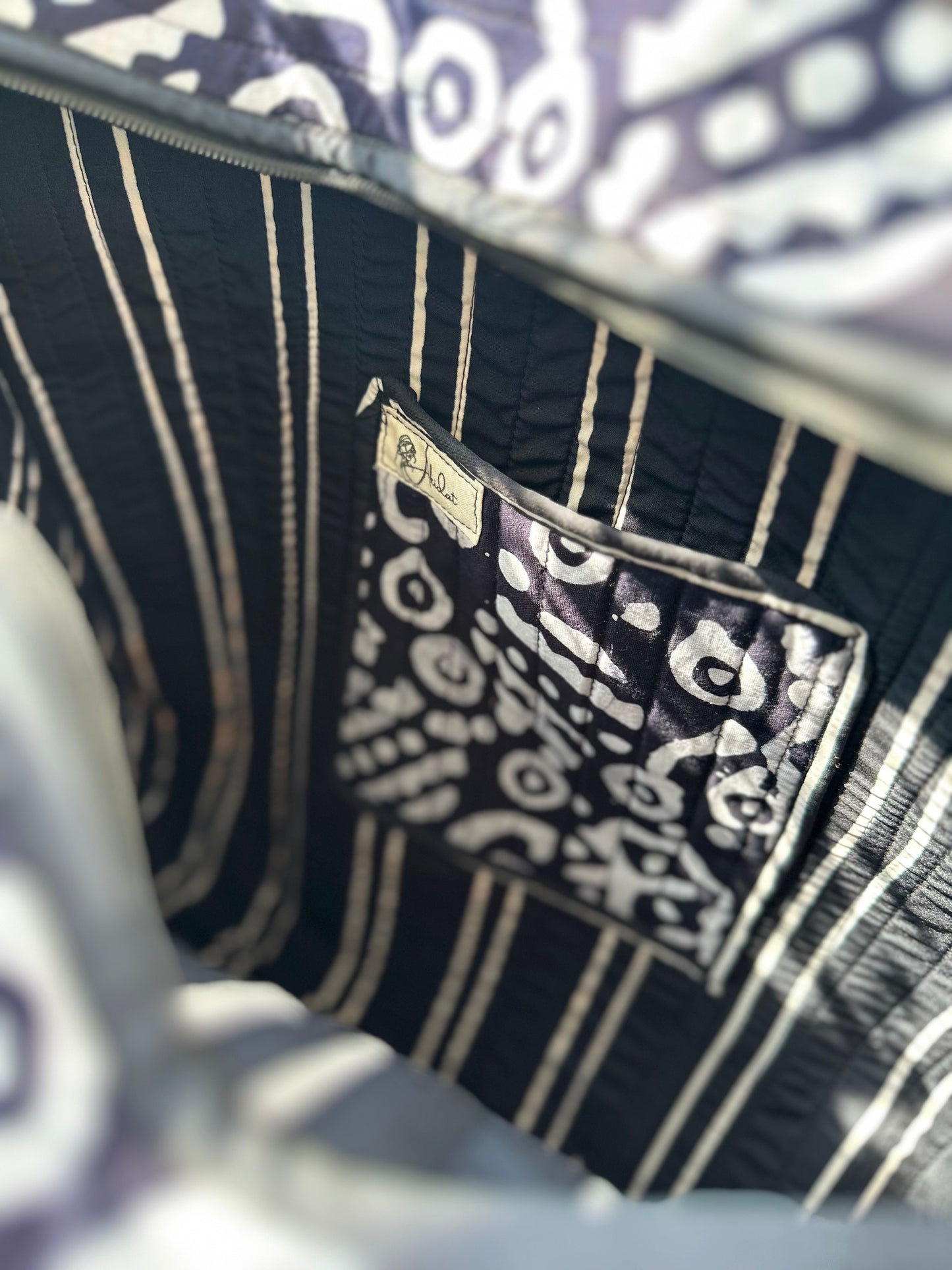 Monochrome Maze Handmade Zipper Shoulder Bag with Tassels