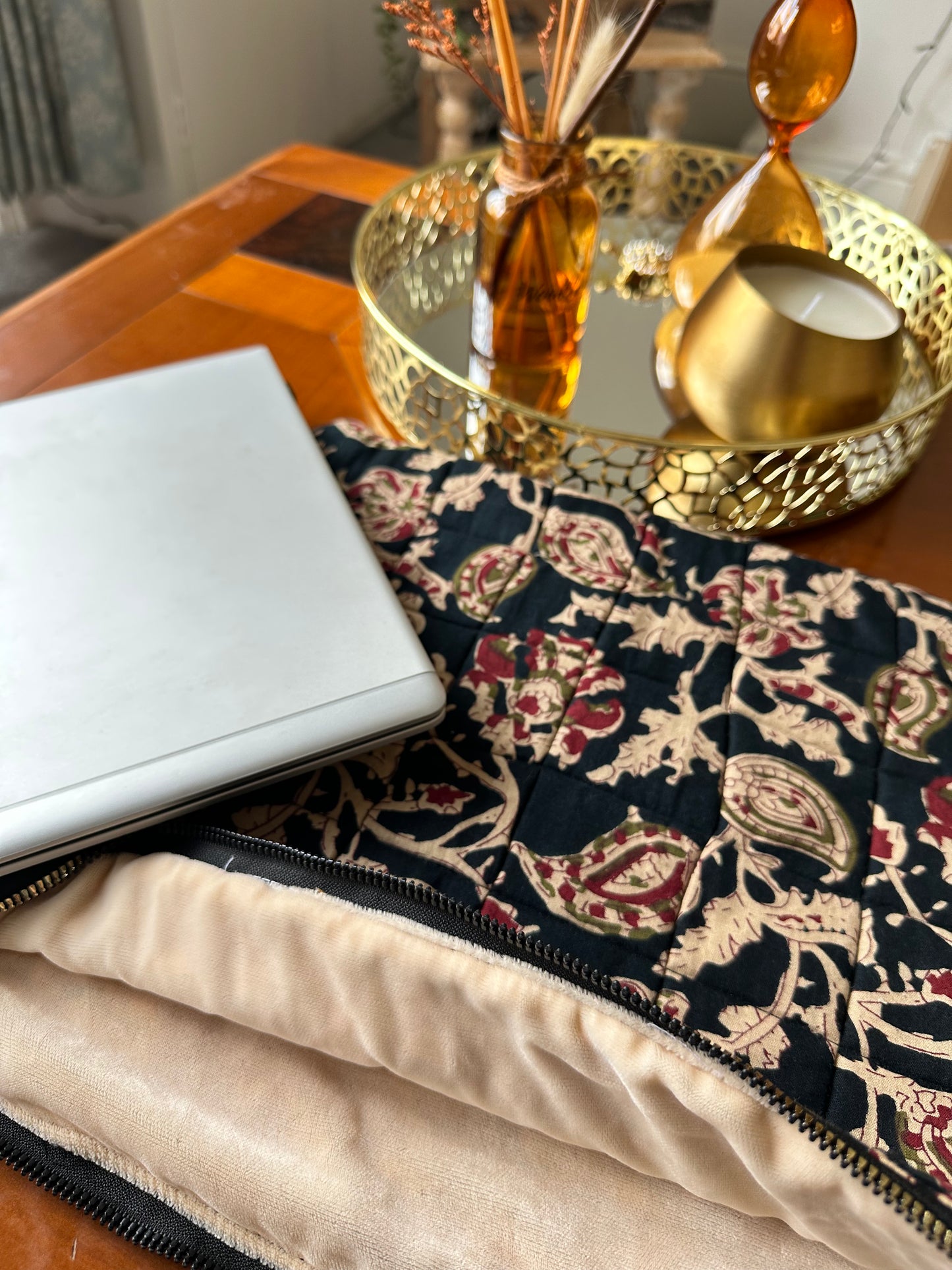 Ebony Kalamkari Printed Handmade Zipper Laptop Sleeve