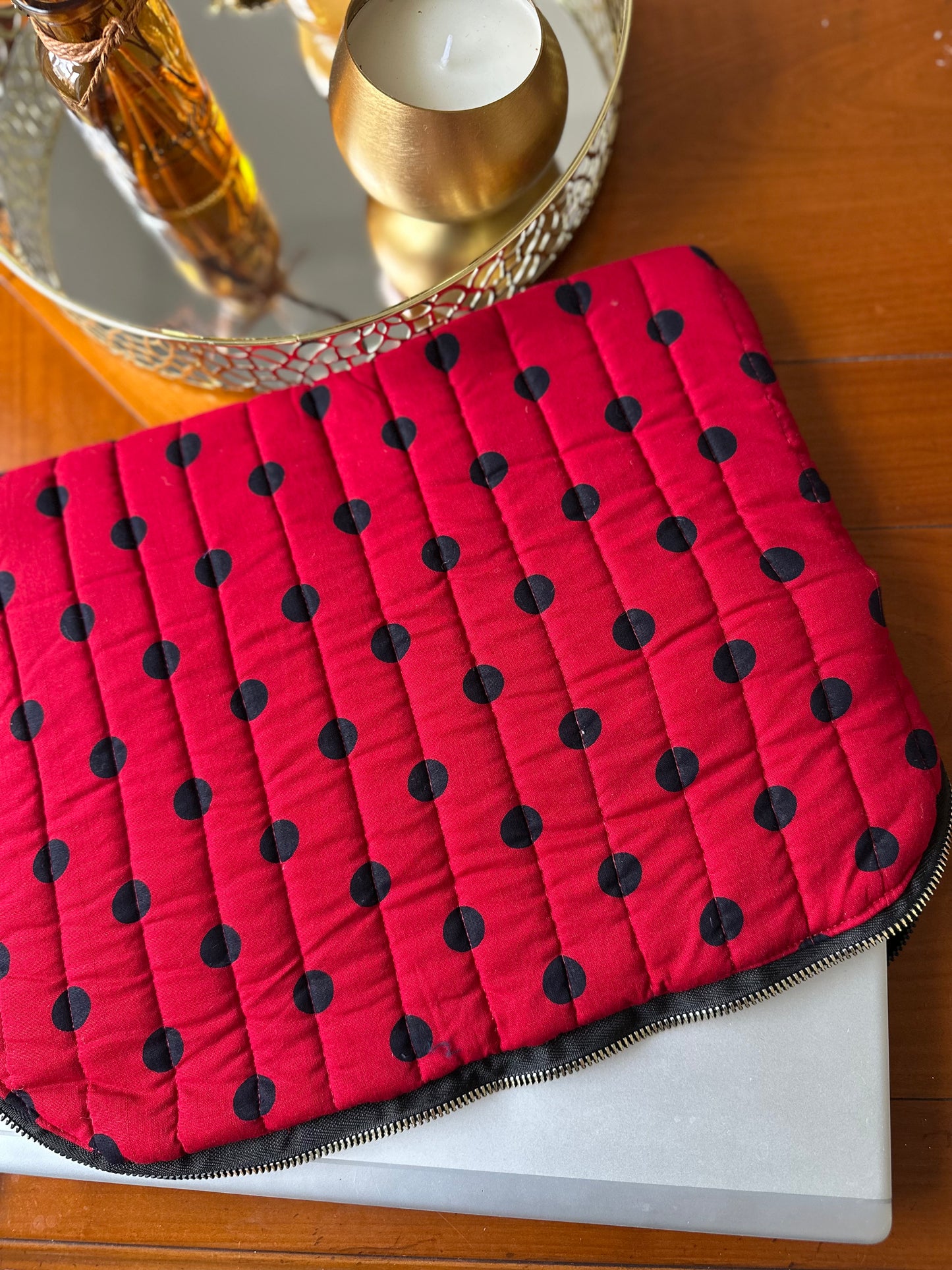 Handmade vegan laptop sleeve with polka dot print