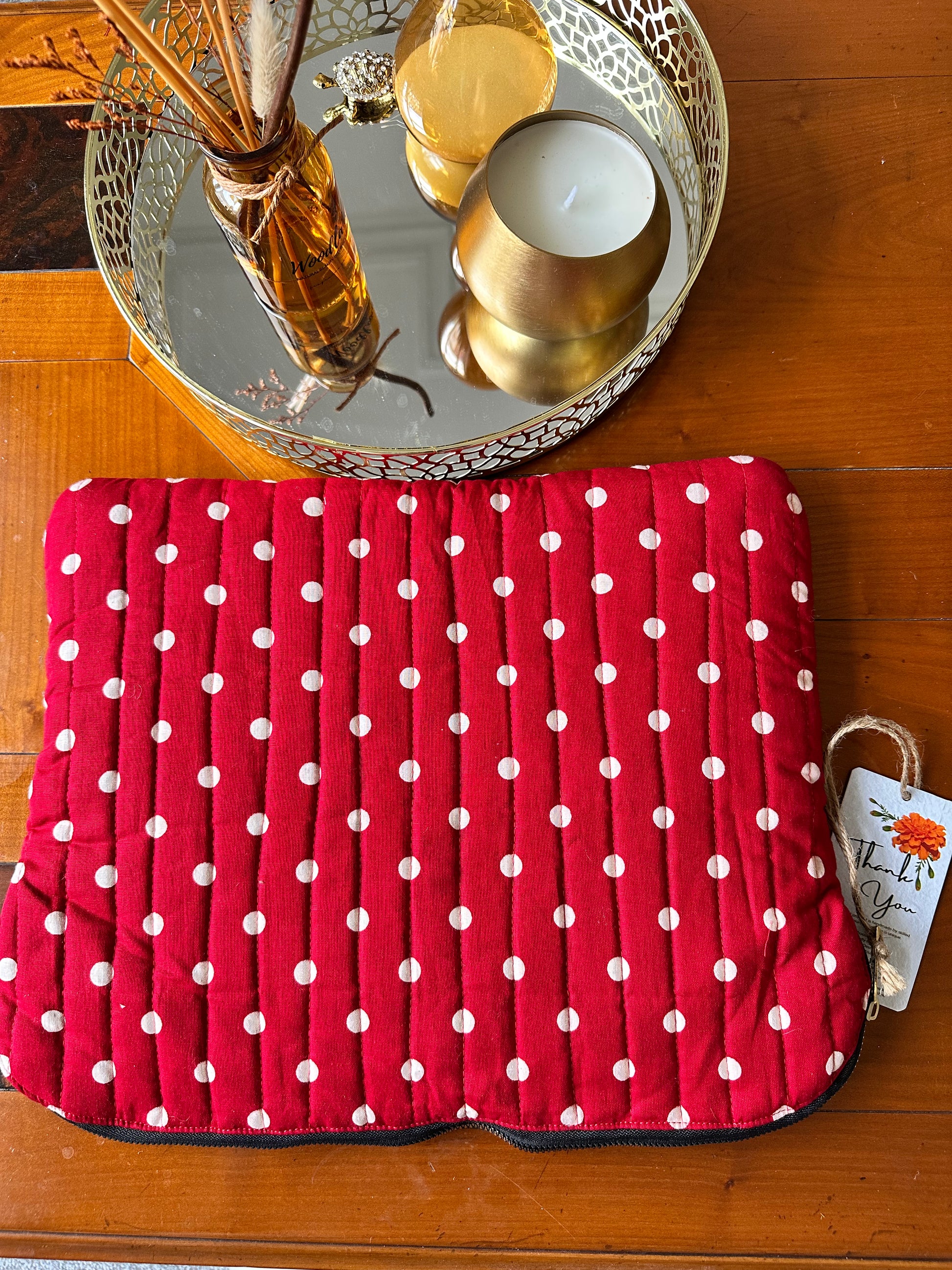 Handmade vegan laptop sleeve with polka dot print