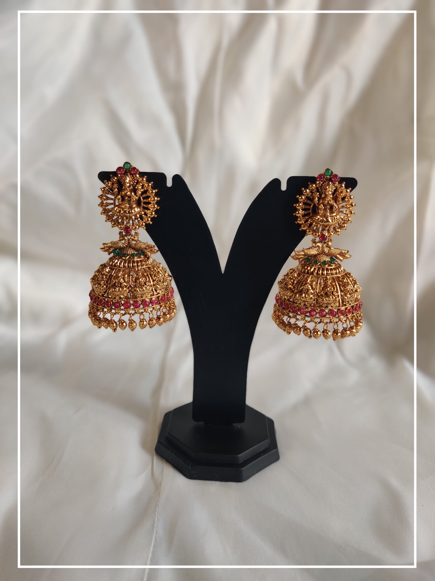 Goddess Lakshmi and Peacock Temple Jewellery Jhumka with Pink and Green stones