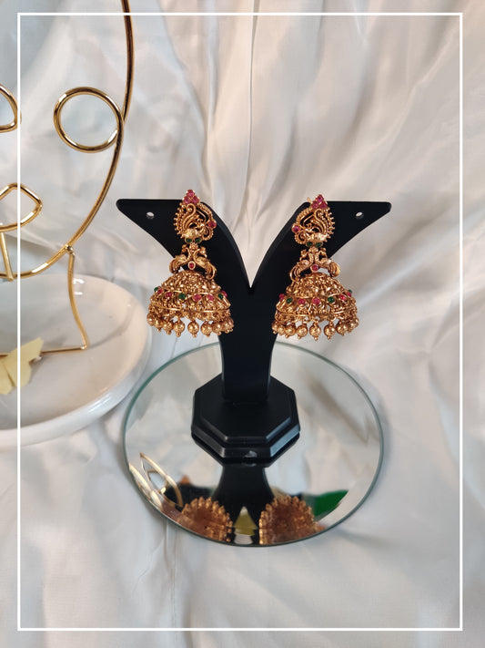 Small Temple Peacock Golden Jhumka with Pink and Green Stone