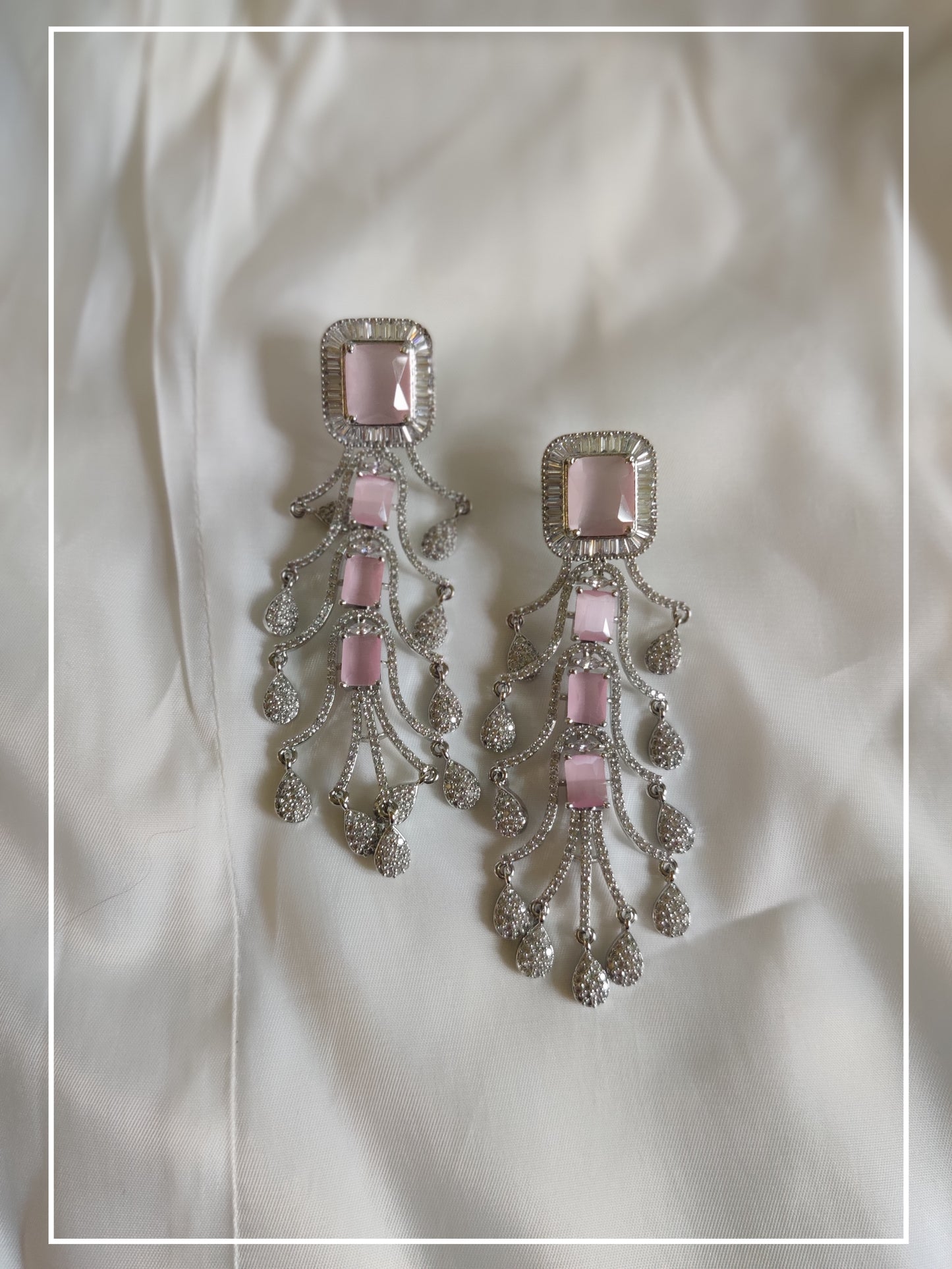 Stunning Long Branch American Diamond Drop Earrings with Baby Pink stone on Silver coloured base