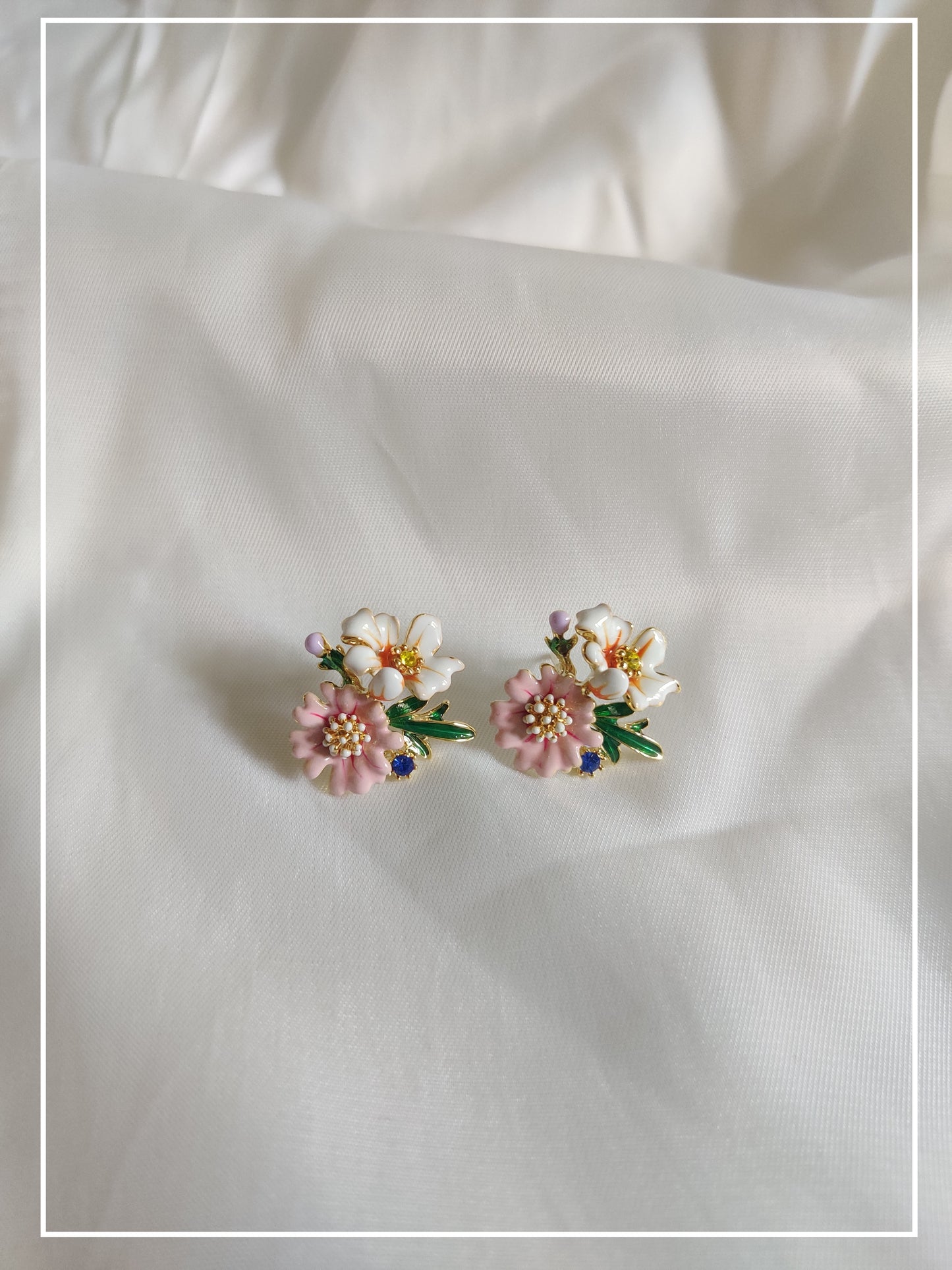 Korean Pink and White Flower Stud Earrings