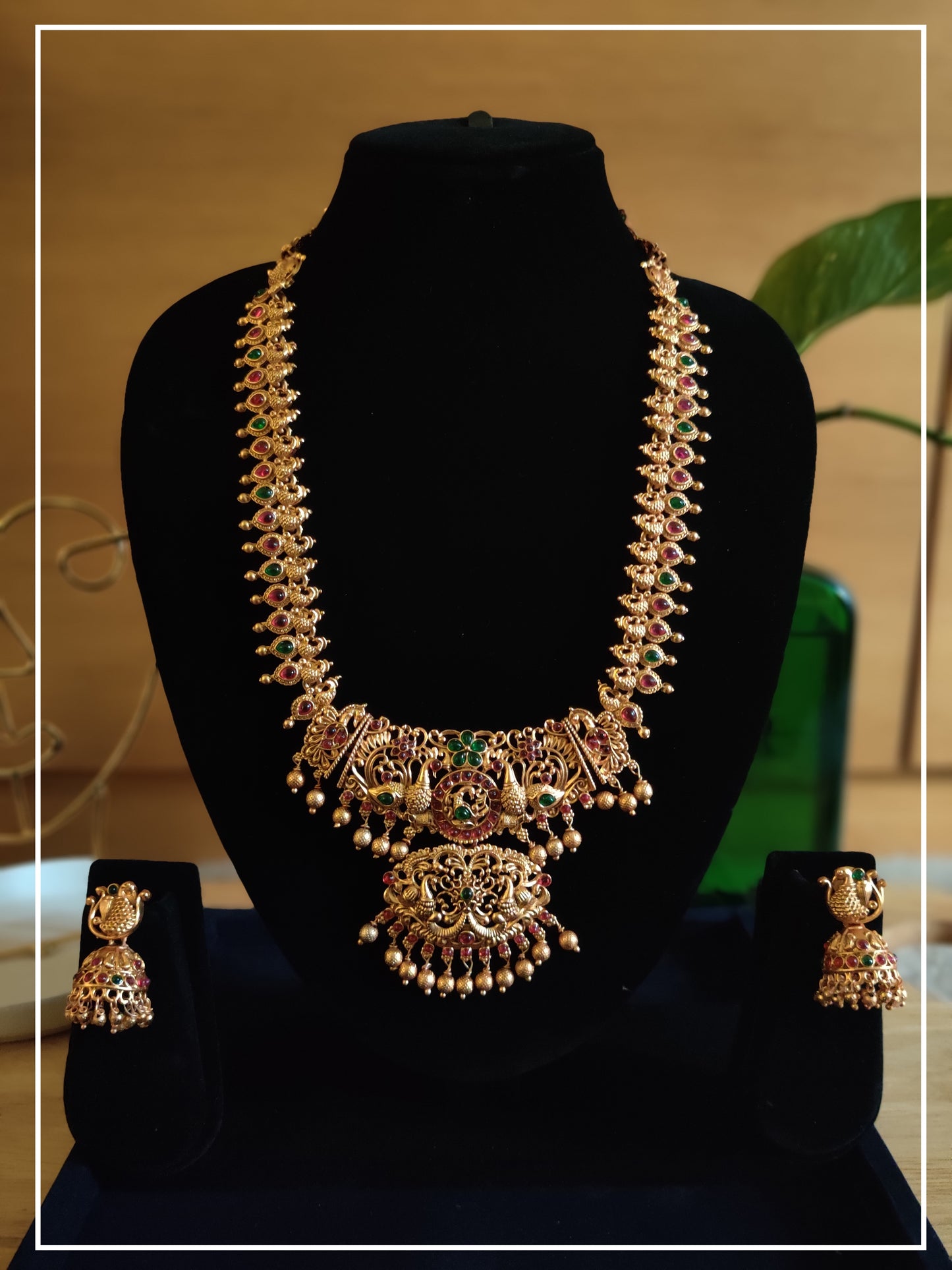 Peacock Alloy Gold Red and Green Stone Temple Bridal Jewellery Set with Jhumkas and 2 necklace