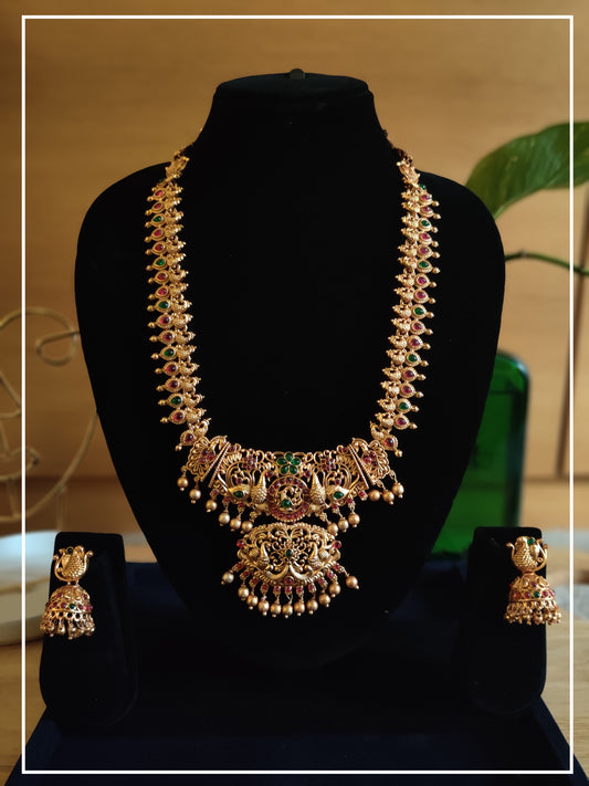 Peacock Alloy Gold Red and Green Stone Temple Bridal Jewellery Set with Jhumkas and 2 necklace