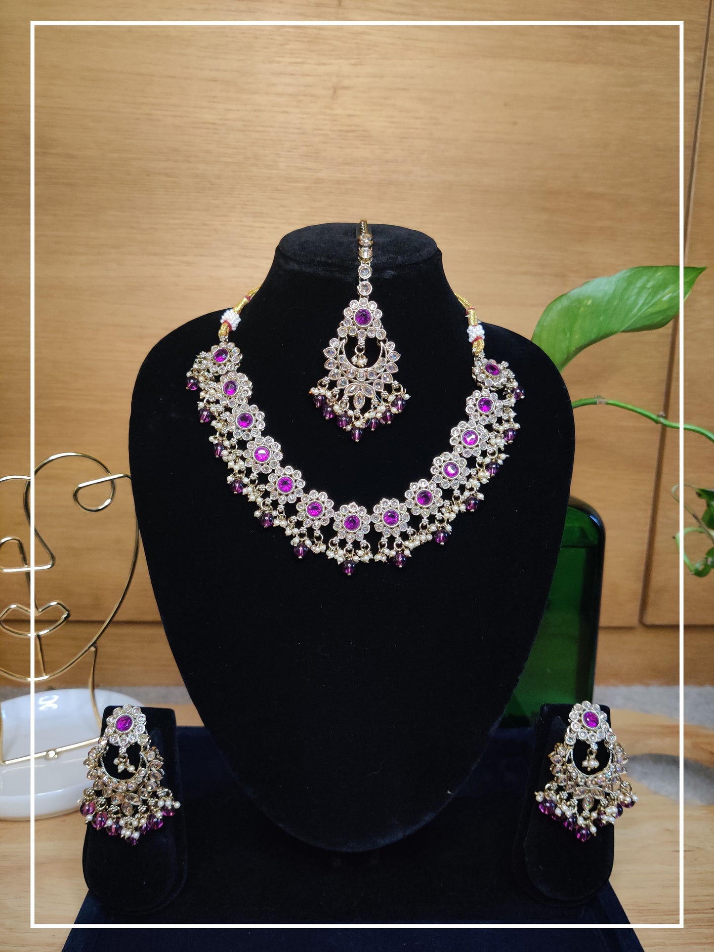 Purple Victorian Stone Necklace, Maang Teeka and Earring Set