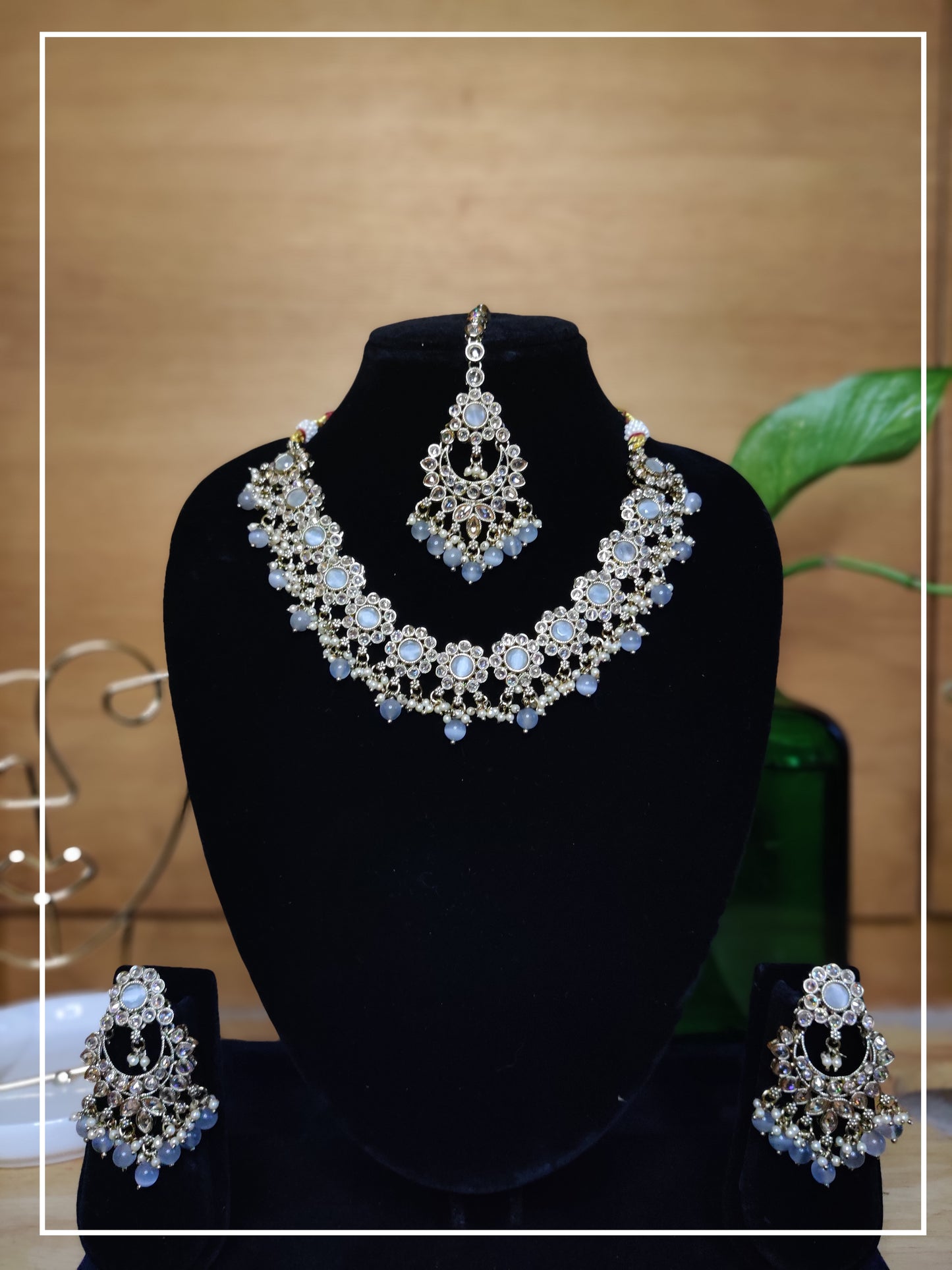 Grey Stone Victorian Faux Polki Necklace, Maang Teeka and Earring Set