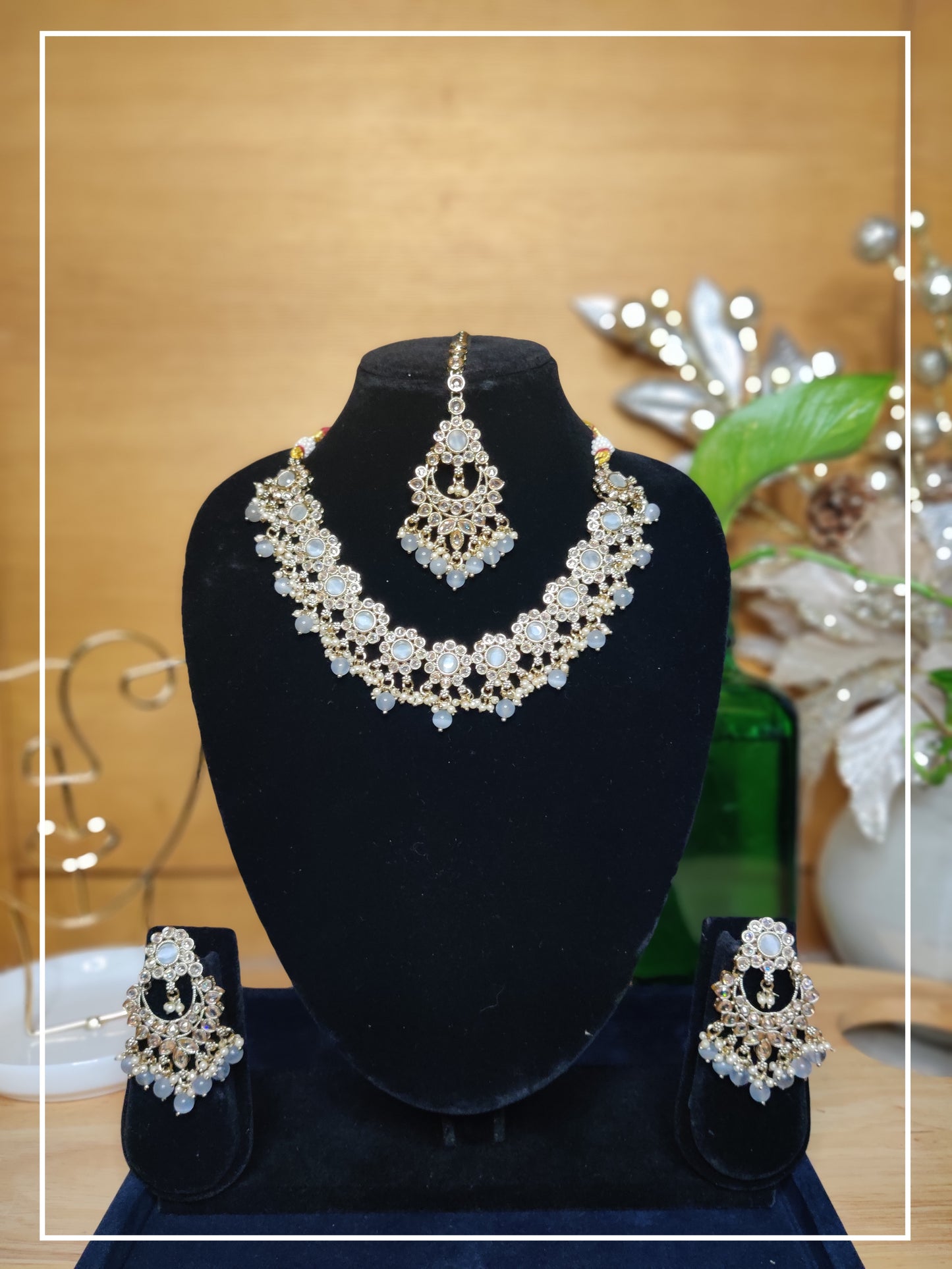 Grey Stone Victorian Faux Polki Necklace, Maang Teeka and Earring Set