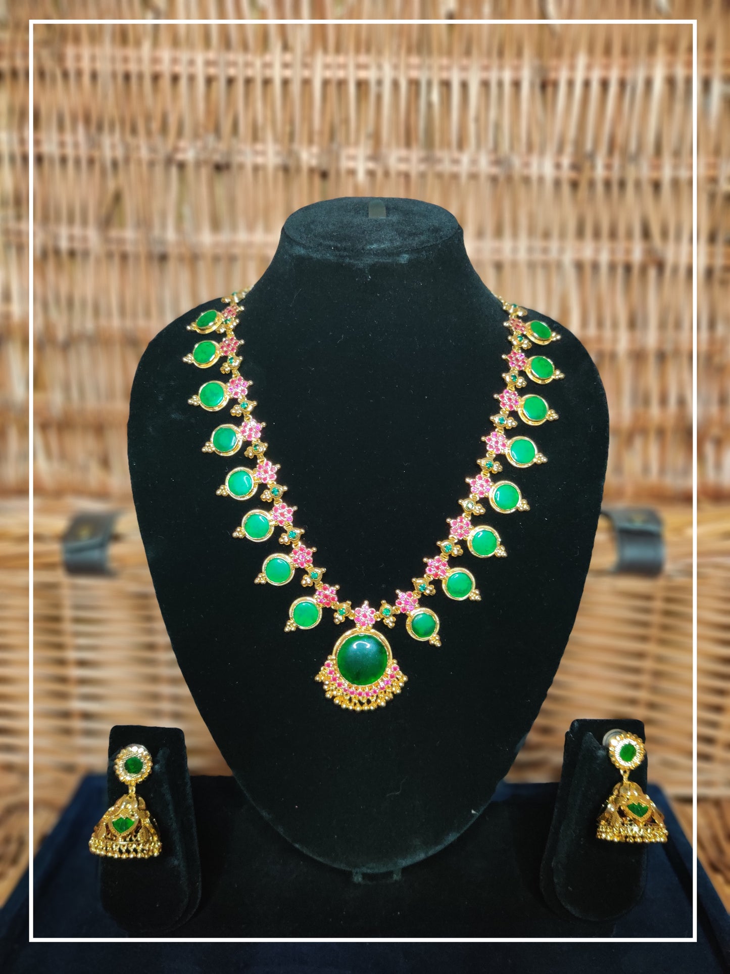 Round Pallaka Green and Pink stone Necklace with Jhumka