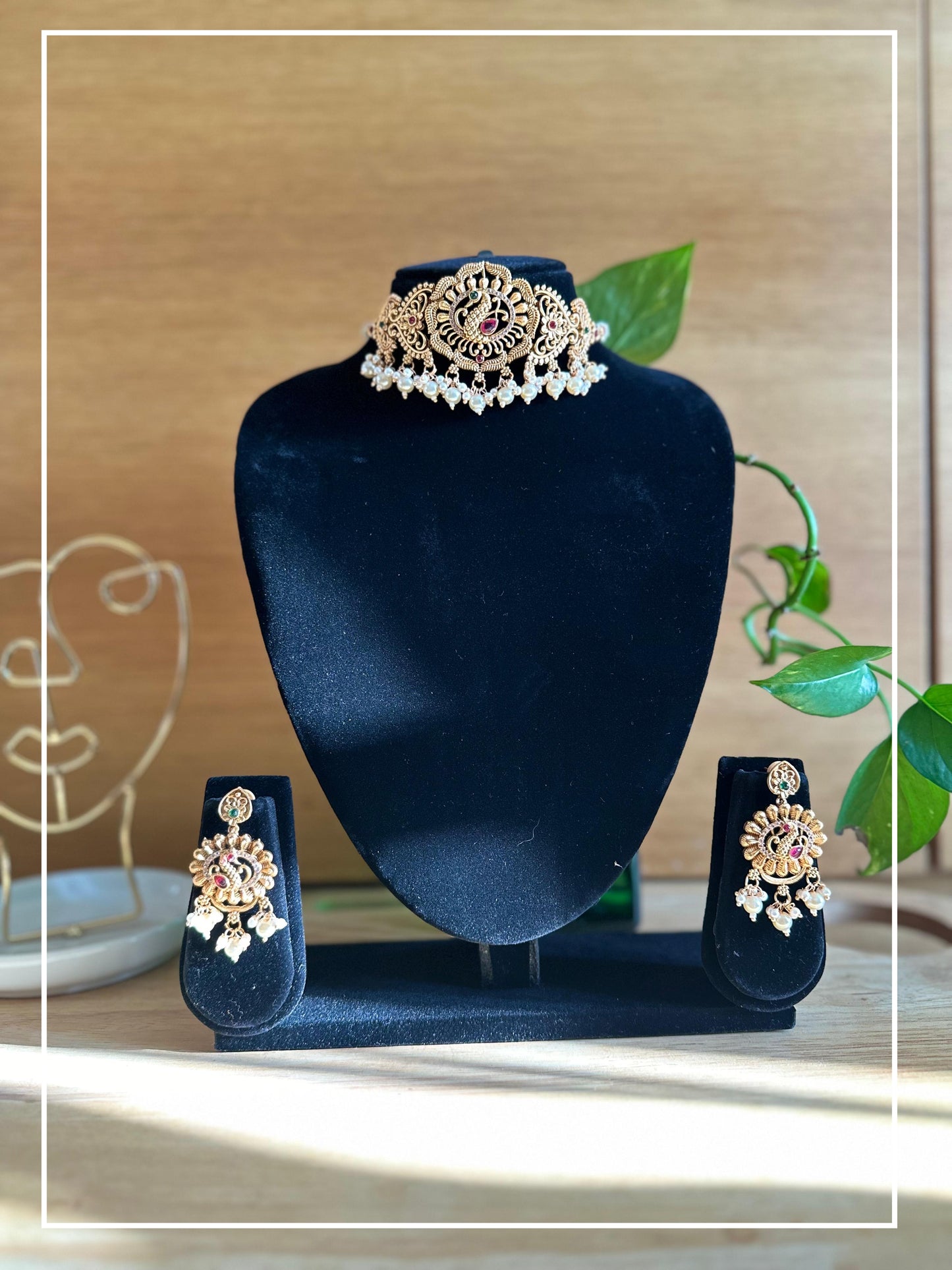 Peacock Alloy Gold and Green and Pink stone with Pearl Choker set with Earrings