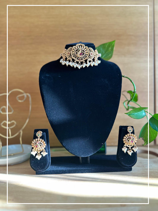 Peacock Alloy Gold and Green and Pink stone with Pearl Choker set with Earrings