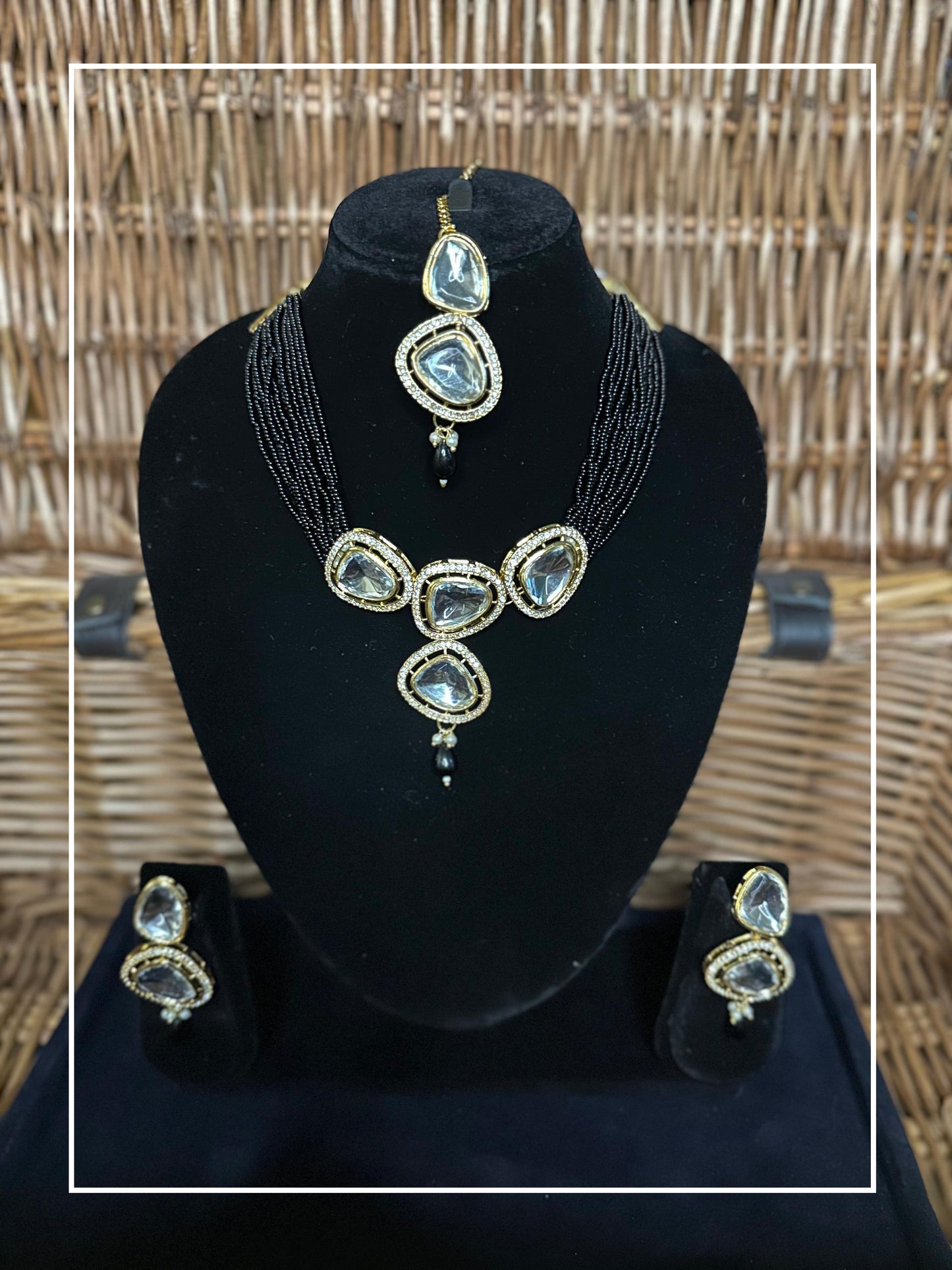 Black String 4 stone Kundan Choker with Earrings and Maang Teeka