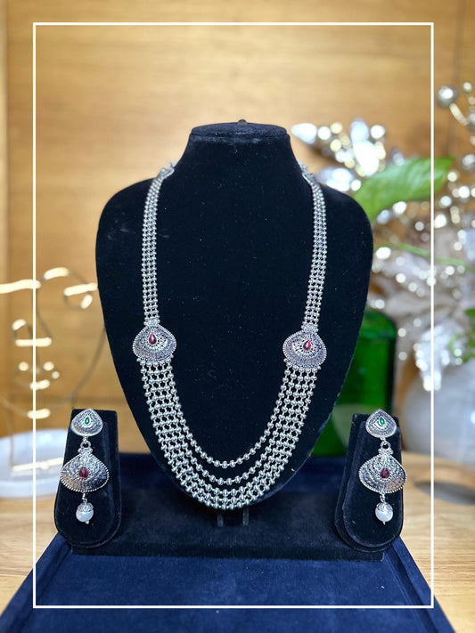 Boho Tribal Oxidised Silver Long Layered Necklace with Earrings