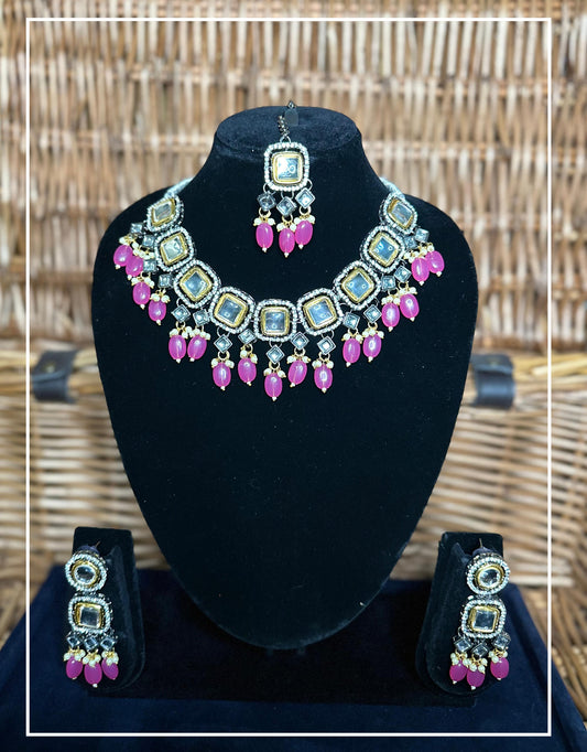 Victorian style Necklace with Pink Beads with Earrings and Maang Teeka