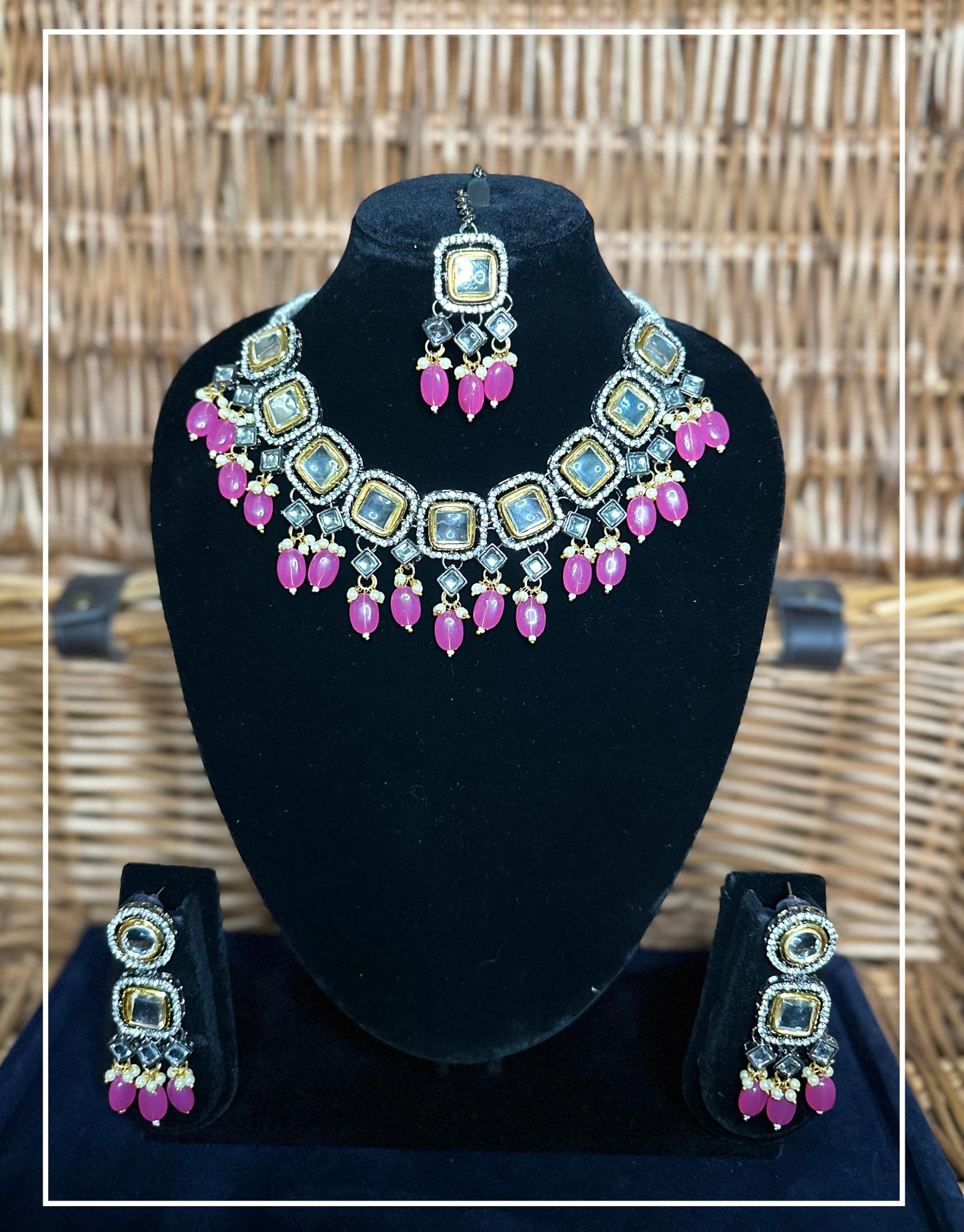 Victorian style Necklace with Pink Beads with Earrings and Maang Teeka