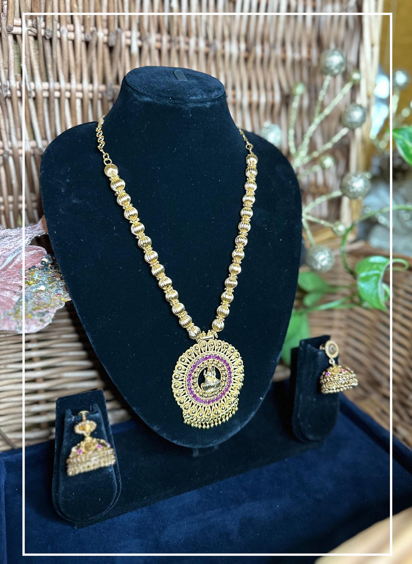 Goddess Lakshmi Pink stone Kerala Style Kodi Necklace with Golden Jhumkas