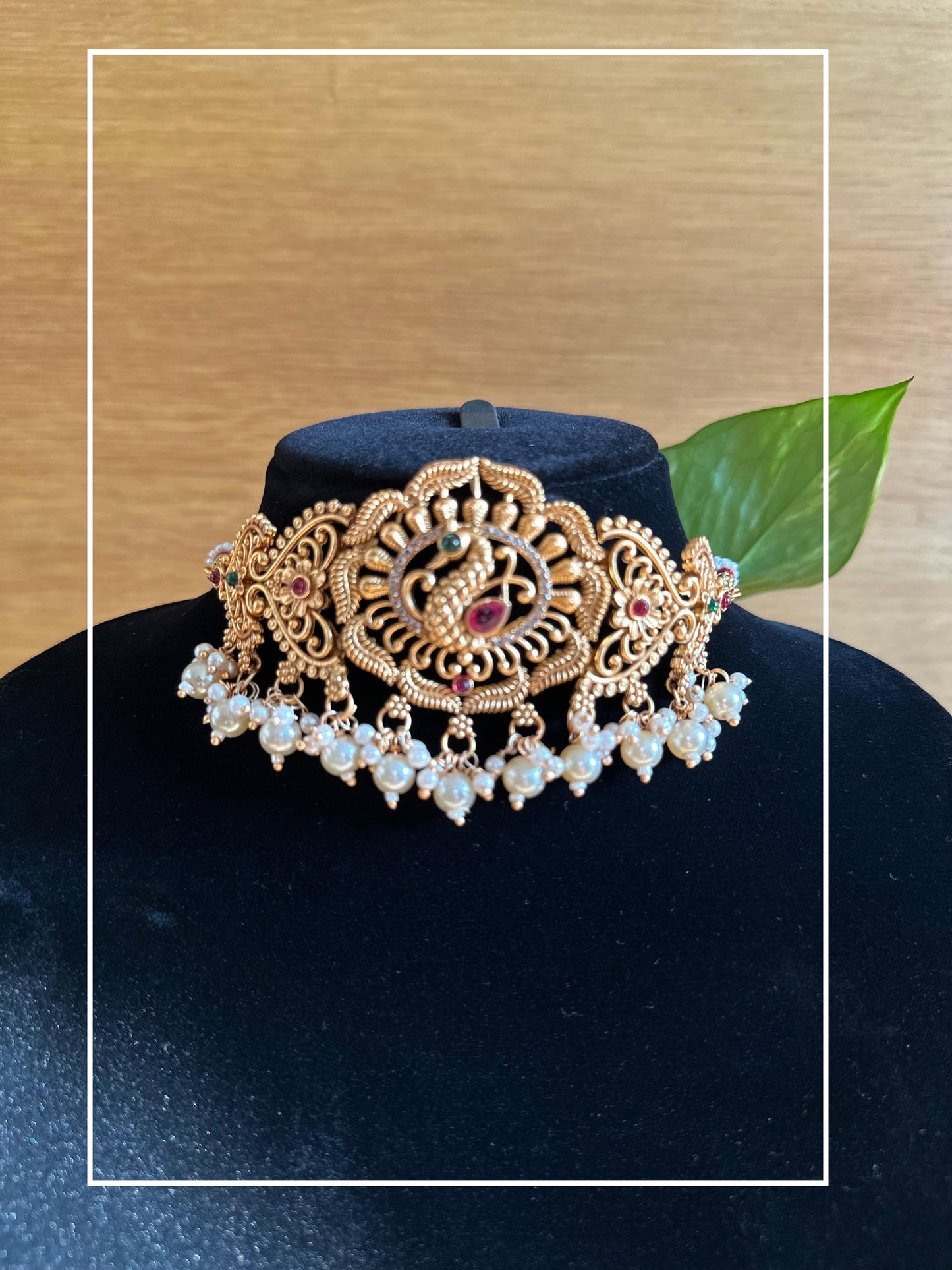 Peacock Alloy Gold and Green and Pink stone with Pearl Choker set with Earrings