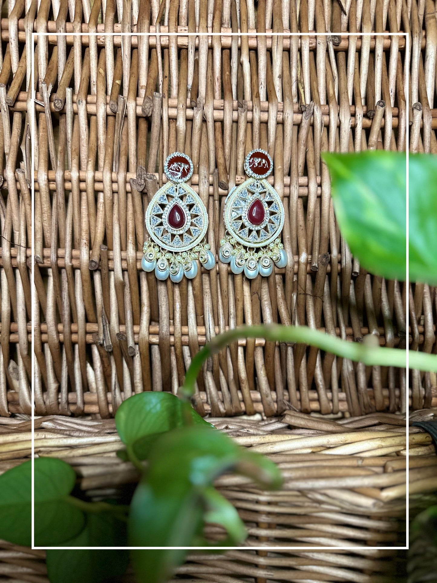 Maroon coloured Chandbali style dangling Earrings with Hanging Pearls and a golden Bengal Tiger embossed on the top | Statement Earrings | Akidat