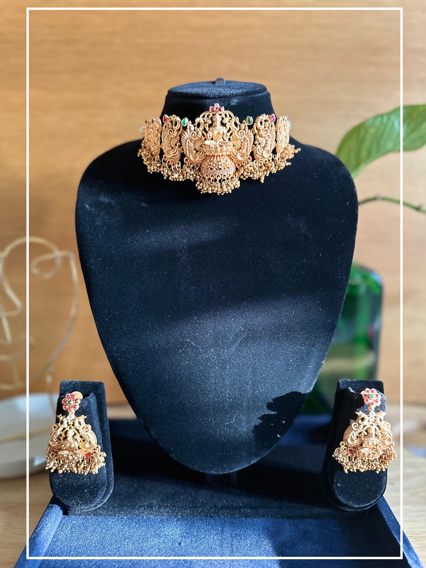 Goddess Lakshmi Red and Green Stone Choker With Large Earrings alloy Gold