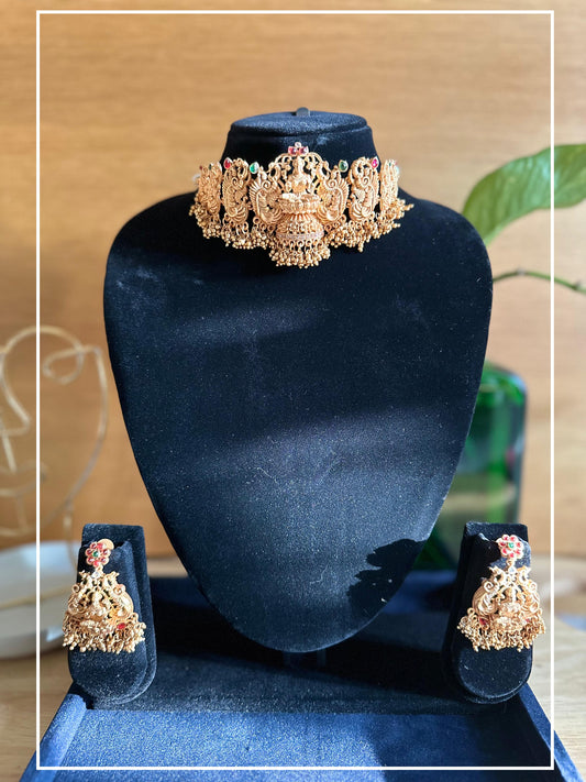 Goddess Lakshmi Red and Green Stone Choker With Large Earrings alloy Gold