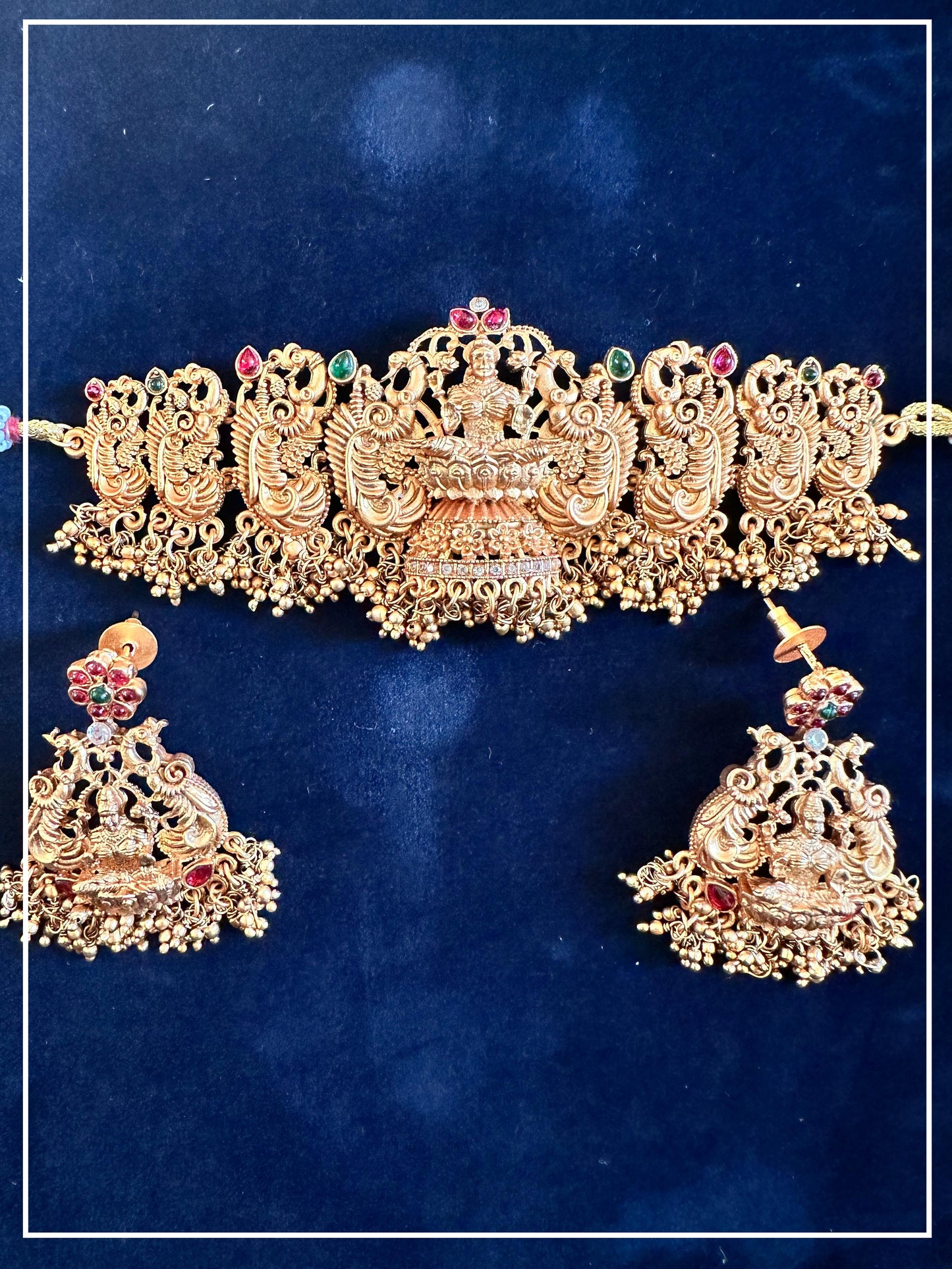 Goddess Lakshmi Red and Green Stone Choker With Large Earrings alloy Gold