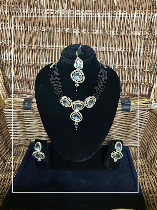 Black String 4 stone Kundan Choker with Earrings and Maang Teeka