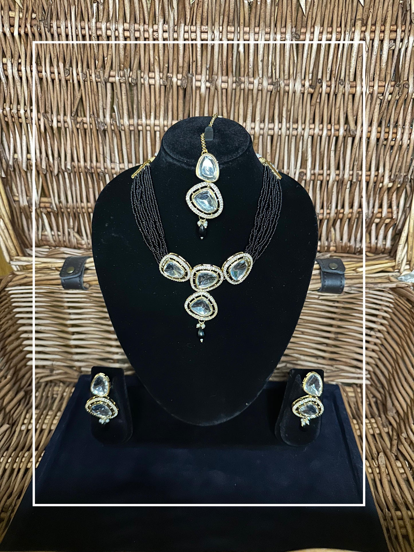 Black String 4 stone Kundan Choker with Earrings and Maang Teeka