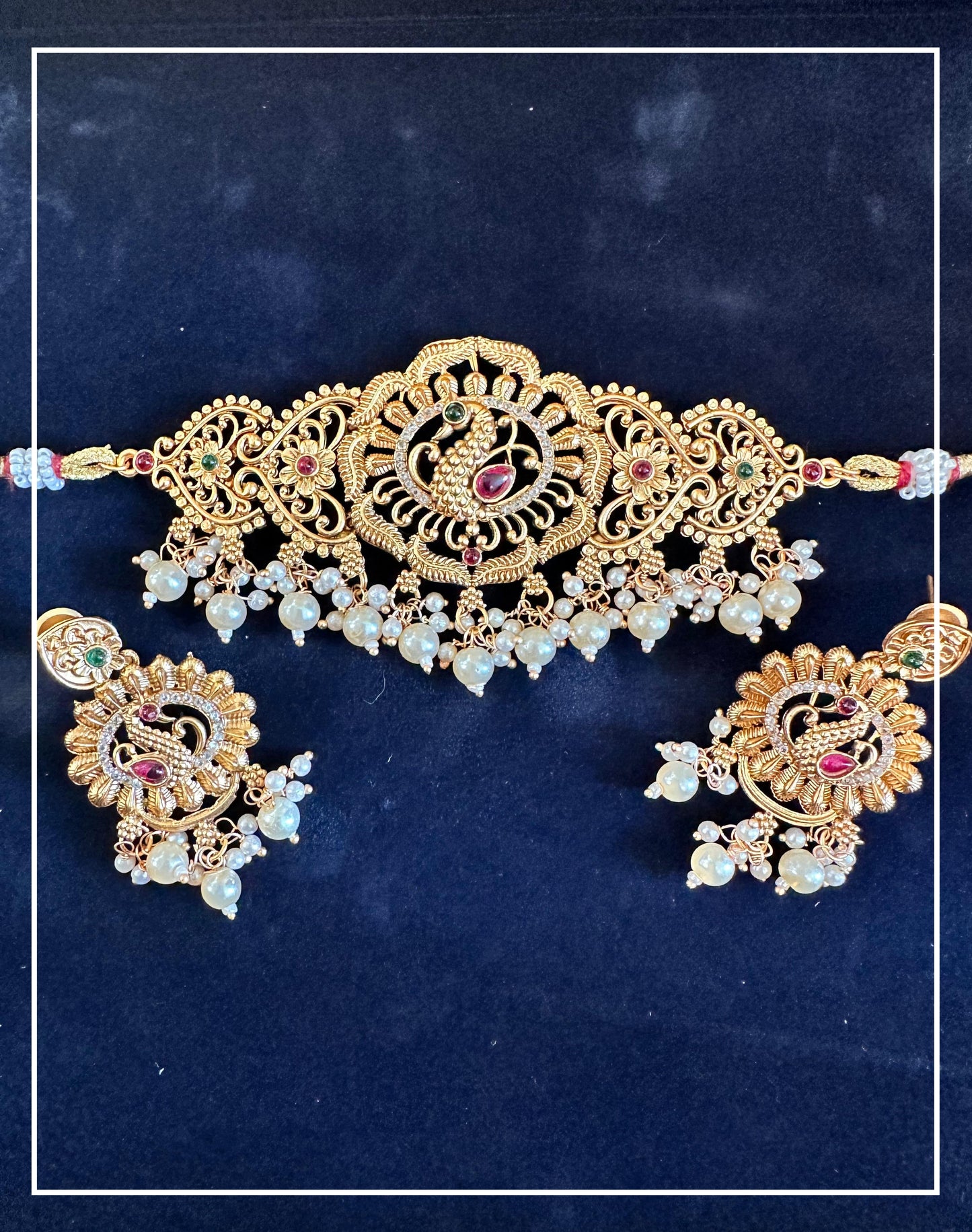 Peacock Alloy Gold and Green and Pink stone with Pearl Choker set with Earrings