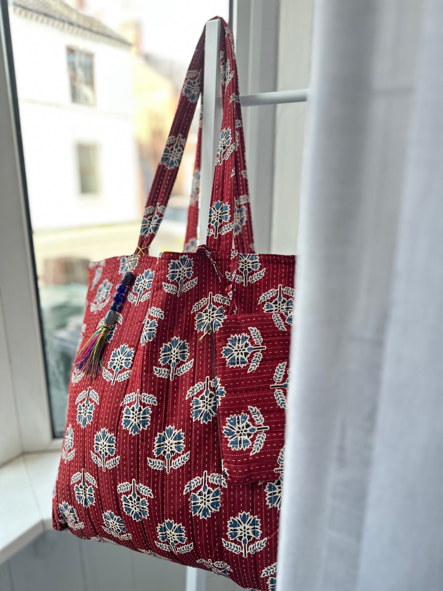 Threaded Rouge Handmade Tote Bag with Evil Eye tassel and a mini Pouch