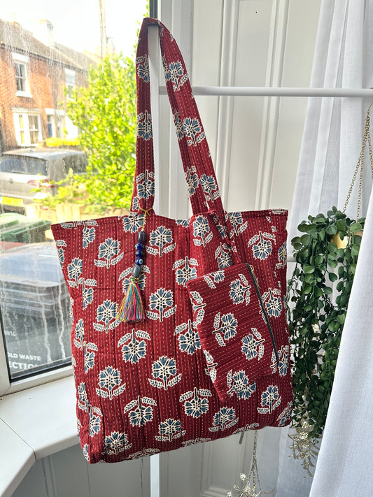 Threaded Rouge Handmade Tote Bag with Evil Eye tassel and a mini Pouch