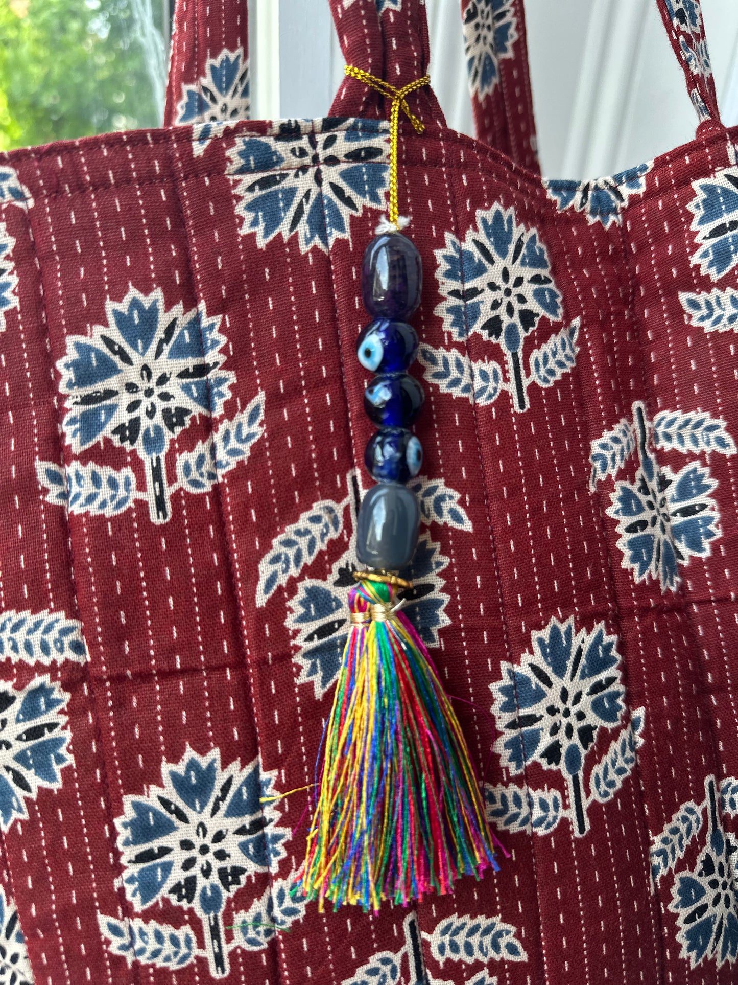 Threaded Rouge Handmade Tote Bag with Evil Eye tassel and a mini Pouch