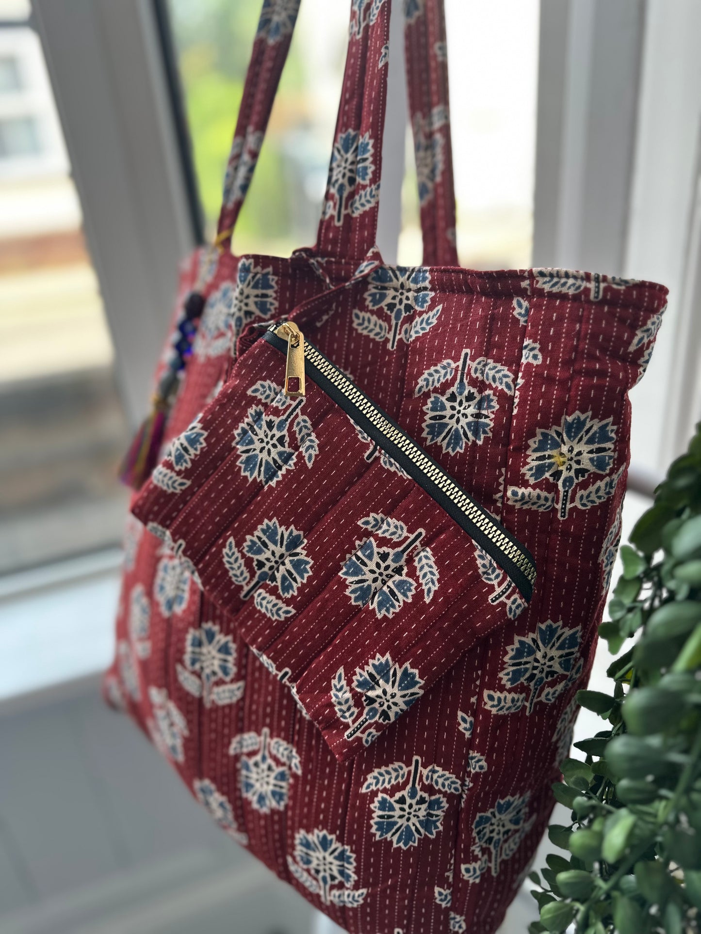 Threaded Rouge Handmade Tote Bag with Evil Eye tassel and a mini Pouch