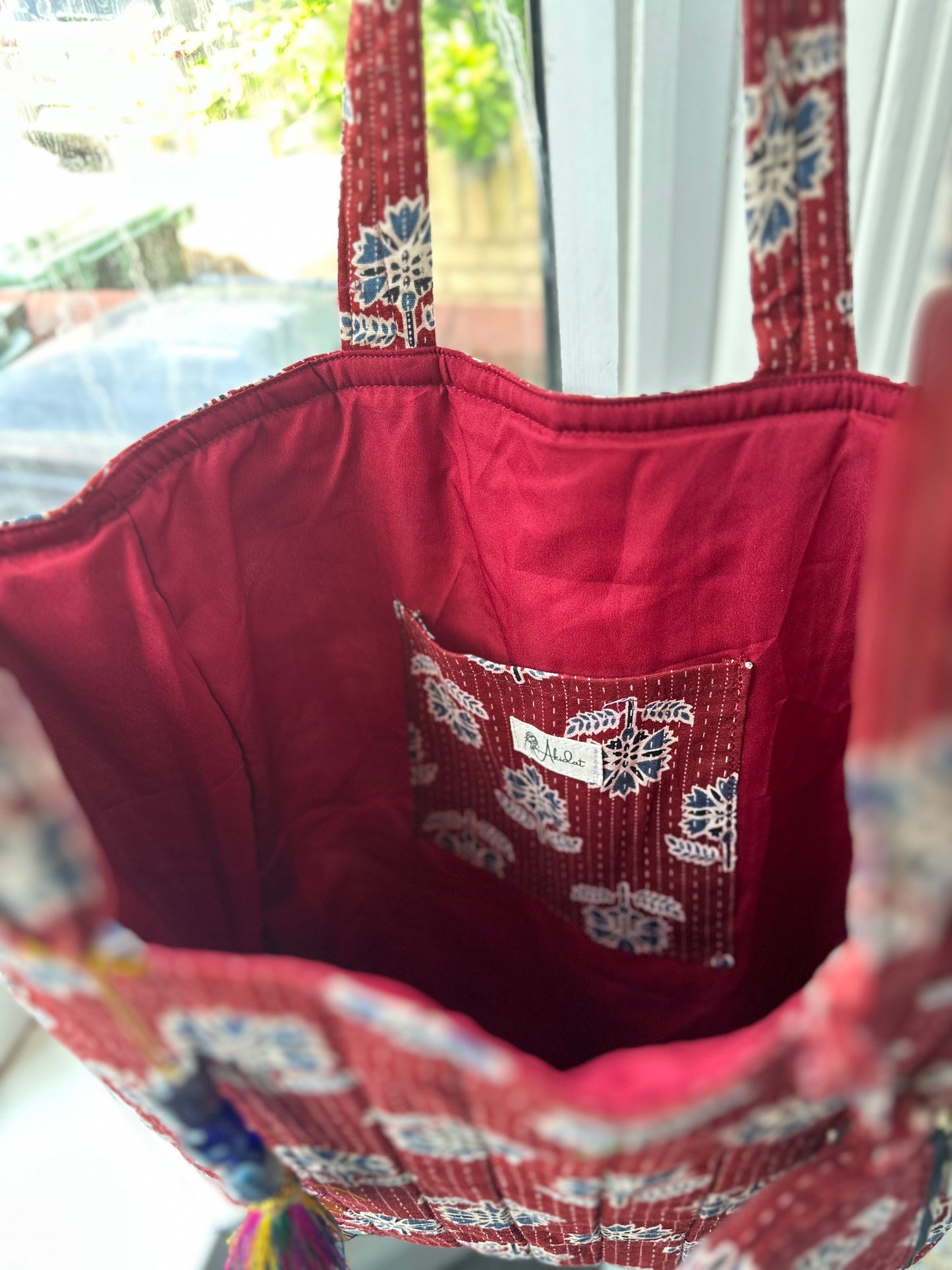 Threaded Rouge Handmade Tote Bag with Evil Eye tassel and a mini Pouch