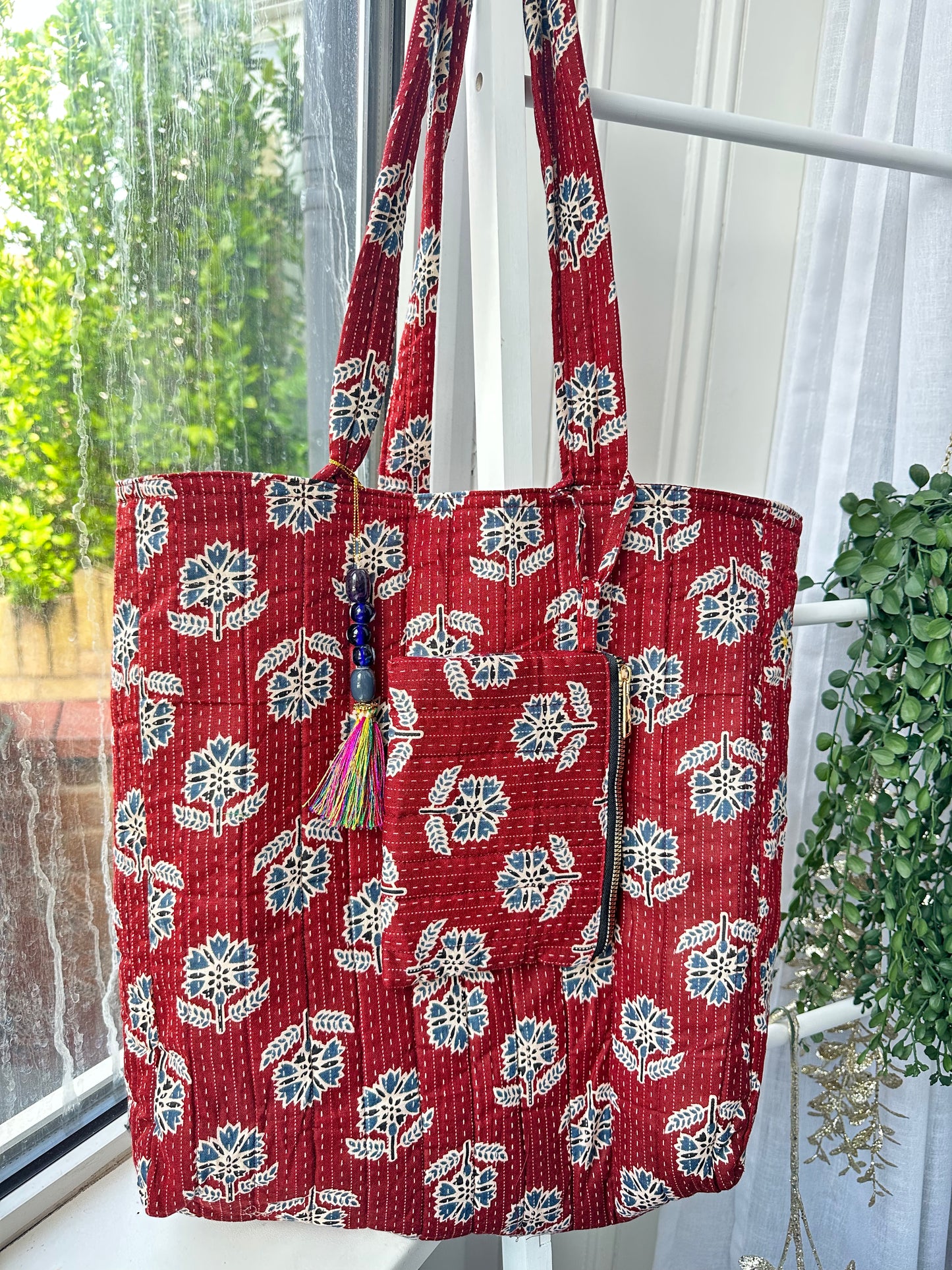 Threaded Rouge Handmade Tote Bag with Evil Eye tassel and a mini Pouch