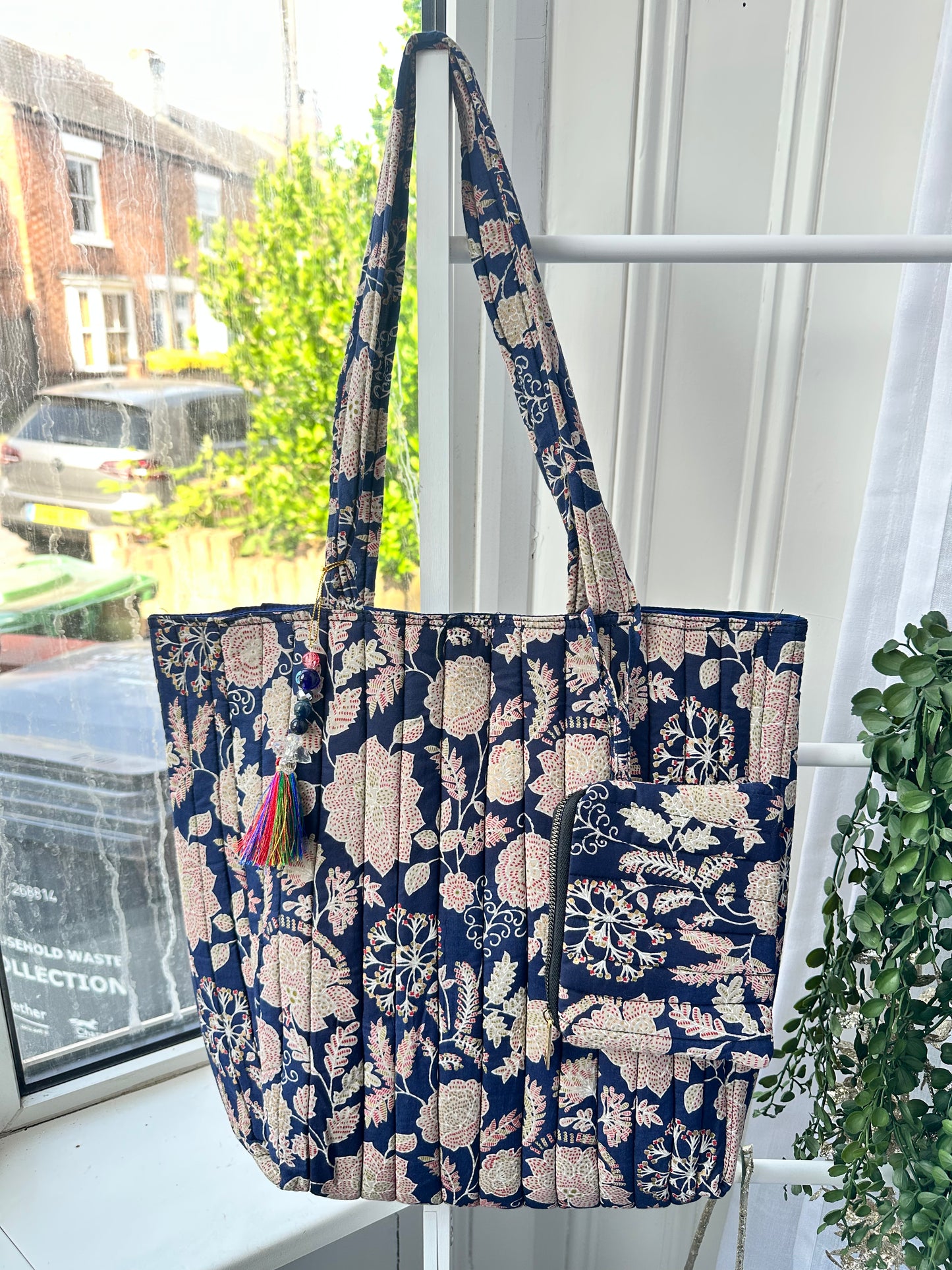 Midnight Meadow Handmade Tote Bag with Evil Eye tassel and a mini Pouch