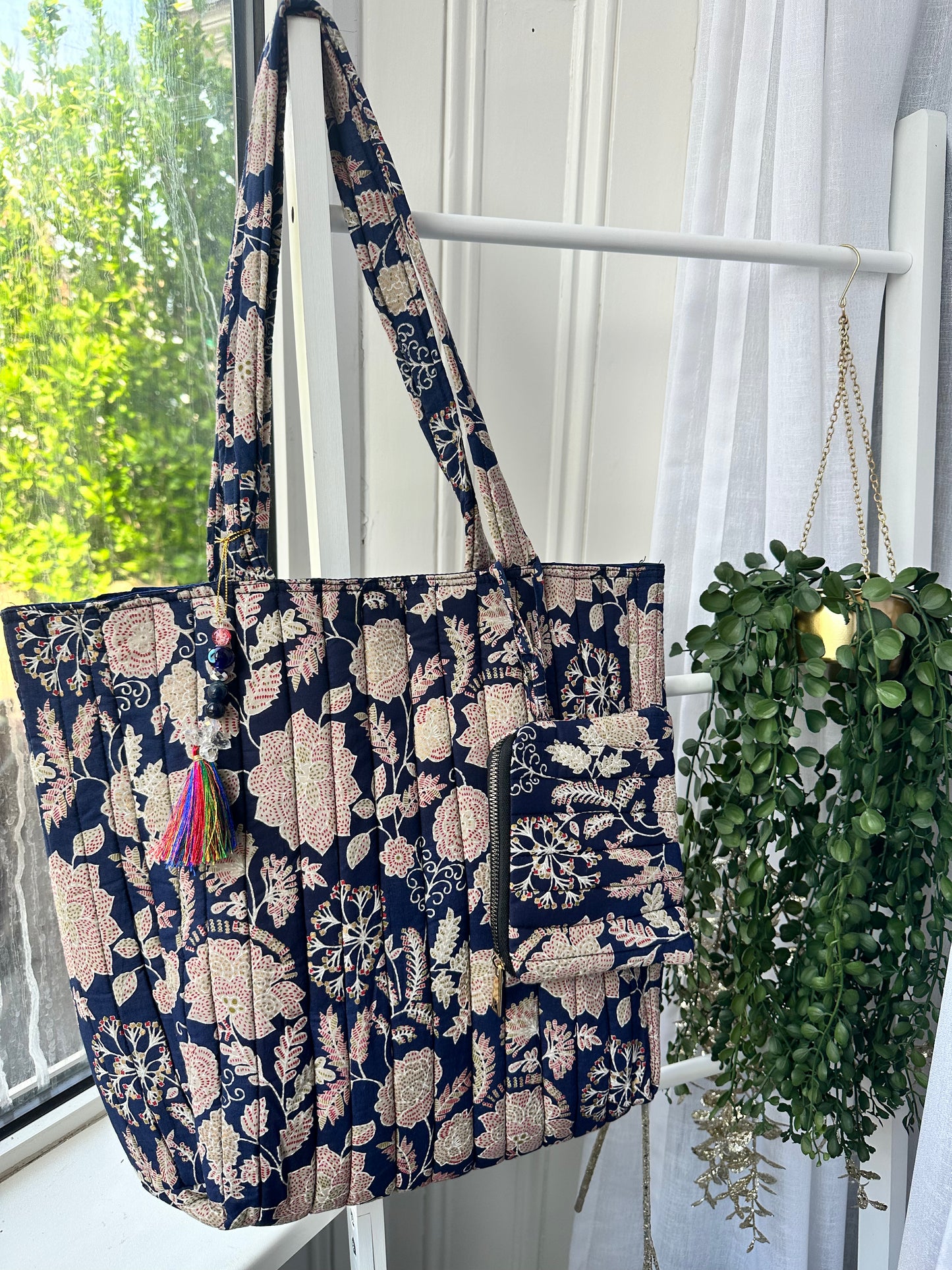 Midnight Meadow Handmade Tote Bag with Evil Eye tassel and a mini Pouch