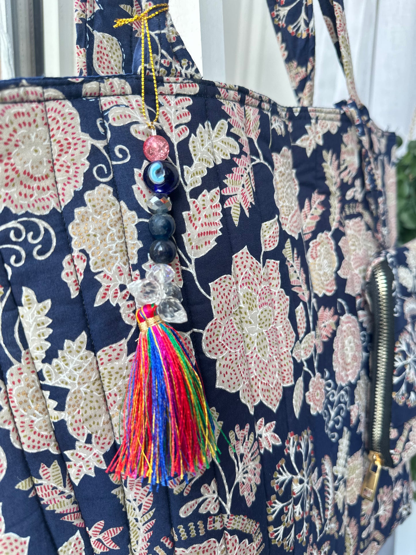 Midnight Meadow Handmade Tote Bag with Evil Eye tassel and a mini Pouch