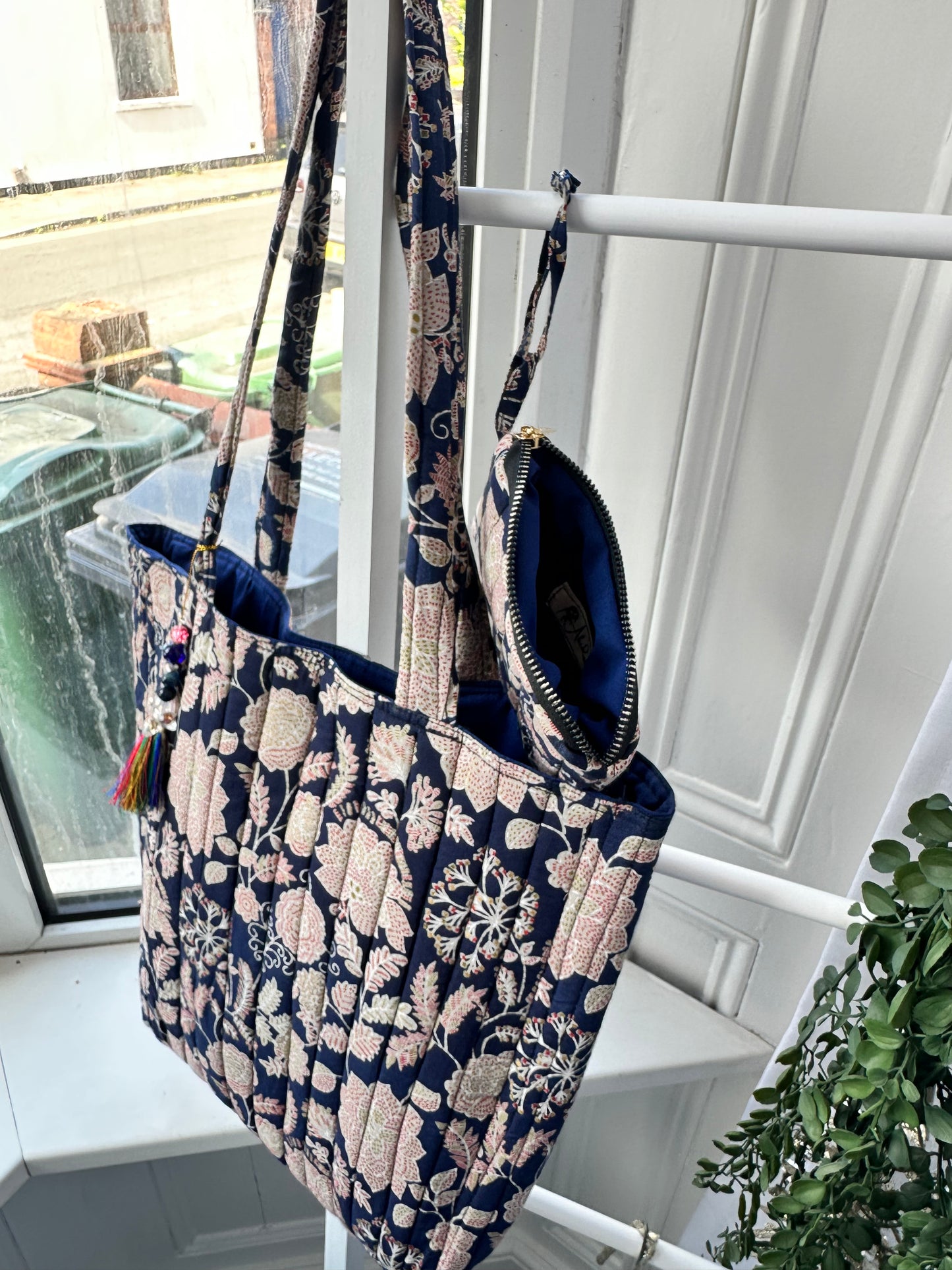 Midnight Meadow Handmade Tote Bag with Evil Eye tassel and a mini Pouch