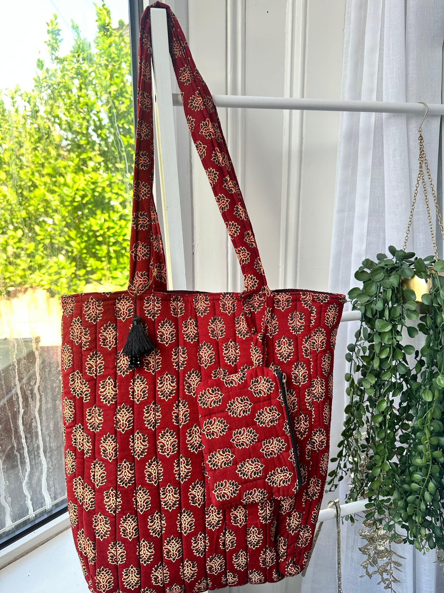 Rooh Ajrakh Blockprint Handmade Tote Bag with tassel and a mini Pouch