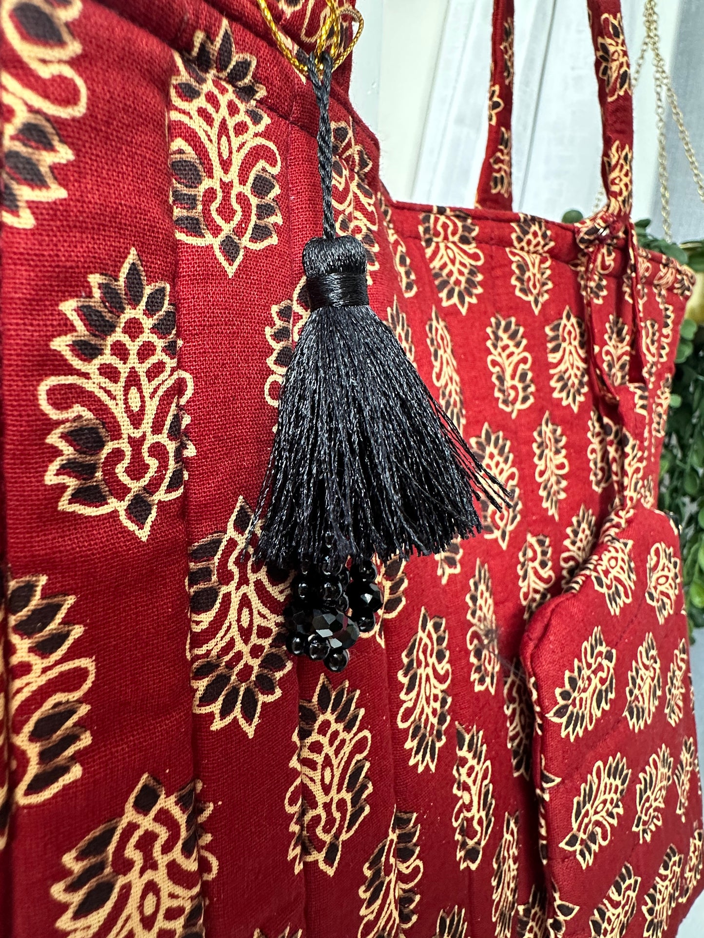 Rooh Ajrakh Blockprint Handmade Tote Bag with tassel and a mini Pouch