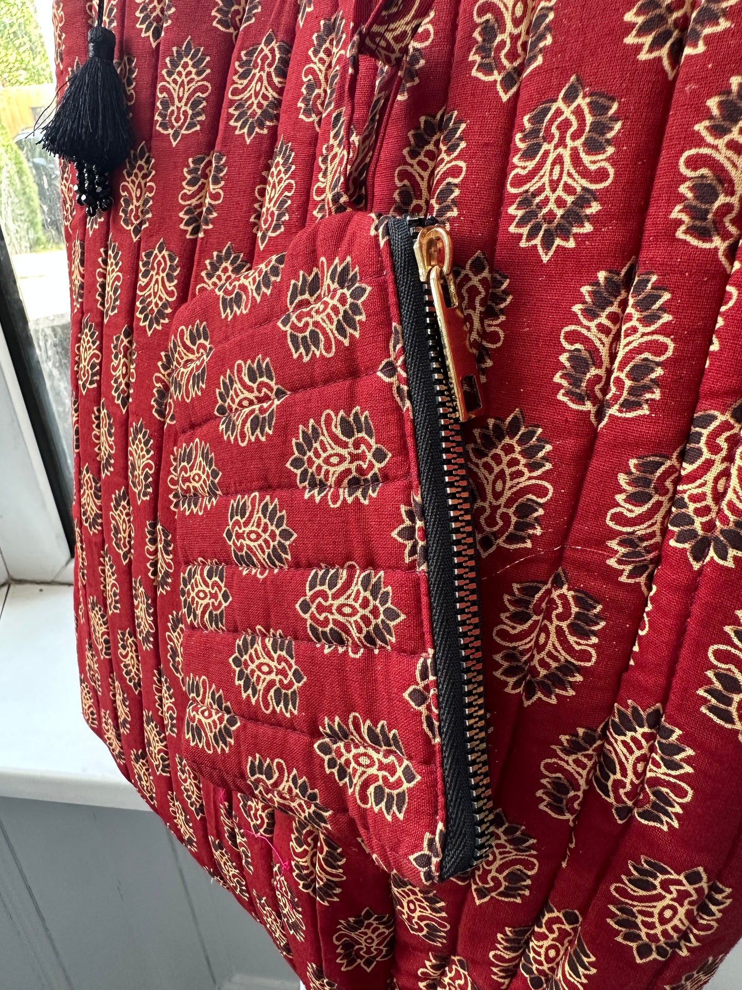 Rooh Ajrakh Blockprint Handmade Tote Bag with tassel and a mini Pouch