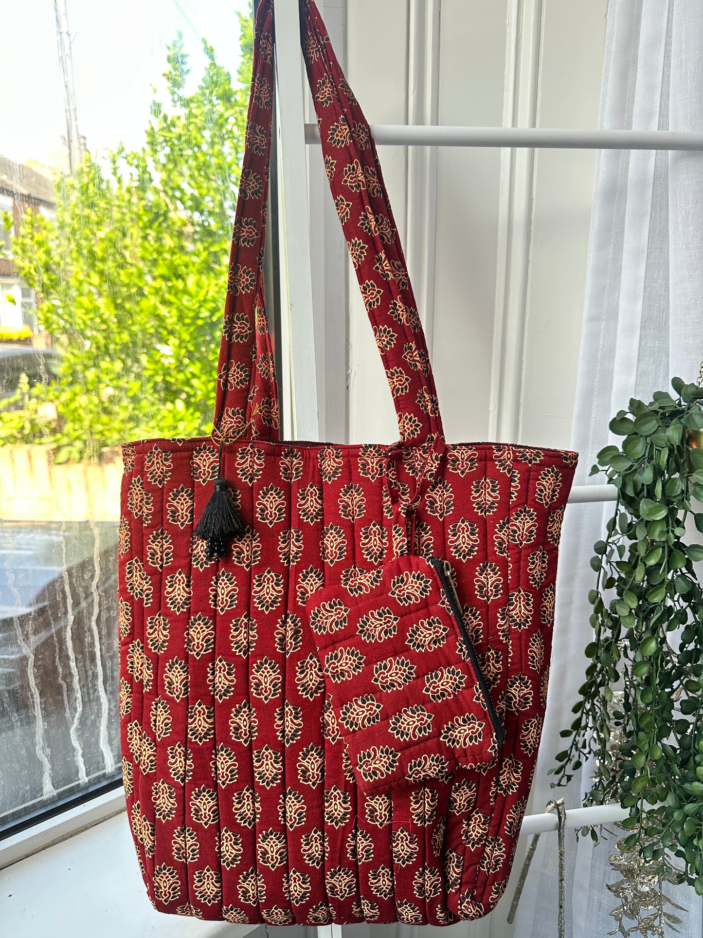 Rooh Ajrakh Blockprint Handmade Tote Bag with tassel and a mini Pouch