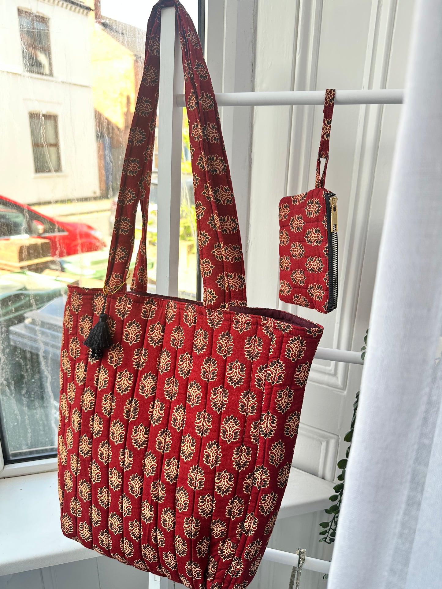Rooh Ajrakh Blockprint Handmade Tote Bag with tassel and a mini Pouch